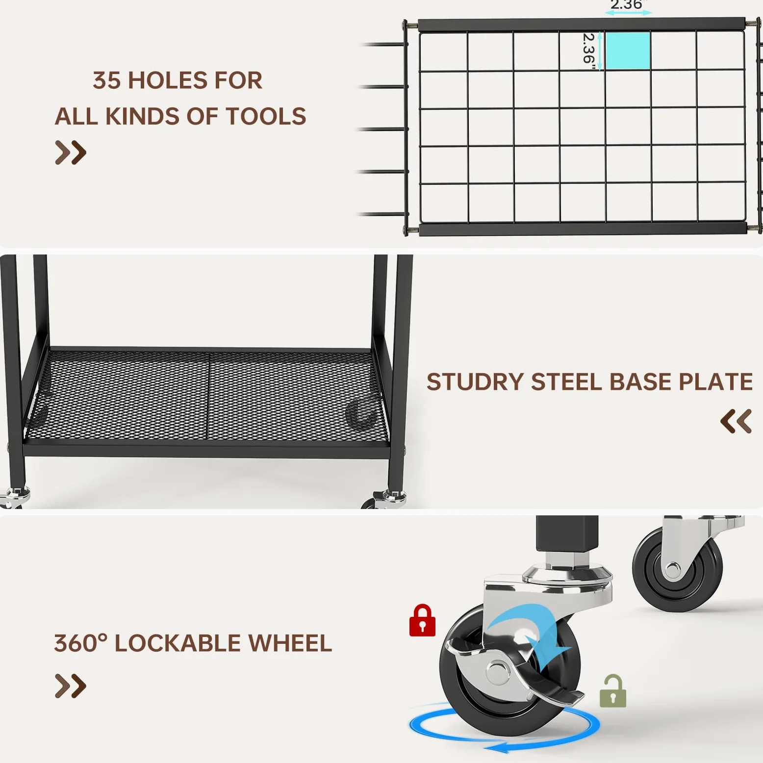 Hadulcet Organiseur d'outils de jardin, organisation et rangement de garage en métal avec roues verrouillables, porte-outils de jardin avec crochets de rangement, organiseur d'outils de cour robuste