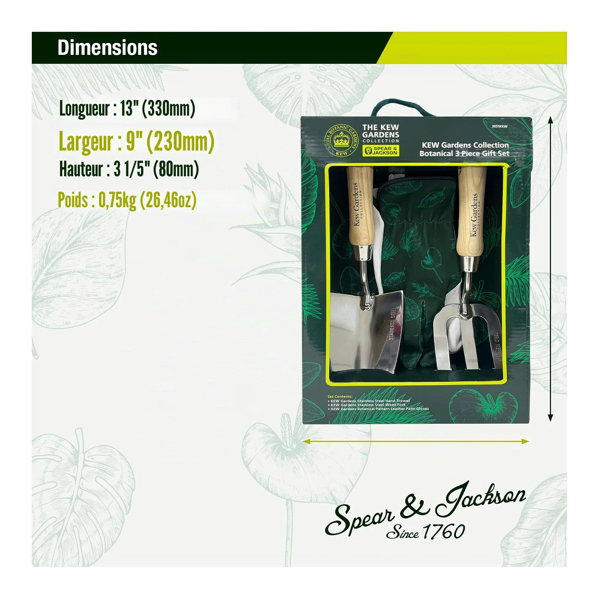 Spear & Jackson 3055KEW Coffret Cadeau Botanique Kew Gardens – Plantoir et Fourchette à Désherber en Acier Inoxydable avec Poignées en Bois FSC et Gants de Jardinage à Paume en Cuir