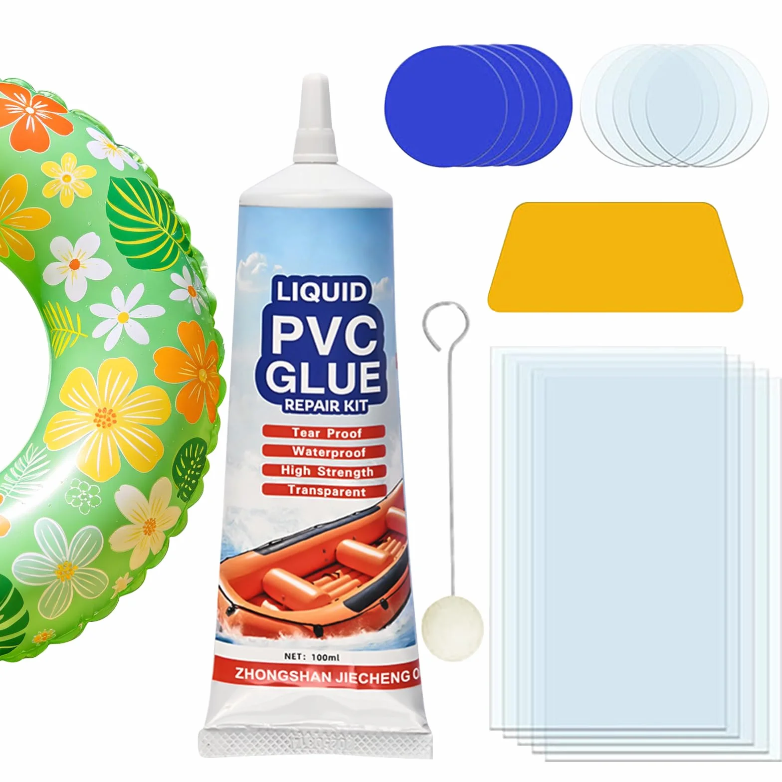 Kit de Réparation Piscine 100ML, Rustine Imperméable avec 15 Patchs & Accessoires, Colle PVC