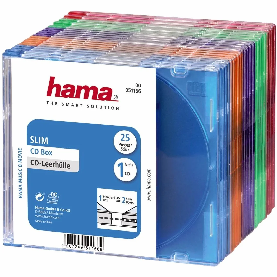 Hama Boîtier Slim pour CD et disques Blu-ray, lot de 25, Transparent/Bleu/Orange/Vert/Rouge/Violet