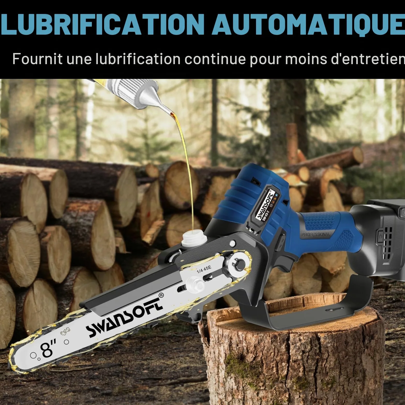 Tronçonneuse à batterie 8 pouces avec lubrification automatique, mini tronçonneuse à batterie professionnelle 600 W/2*4000 mAh/21 V, scie d'élagage électrique pour vergers, vignobles et coupe de bois