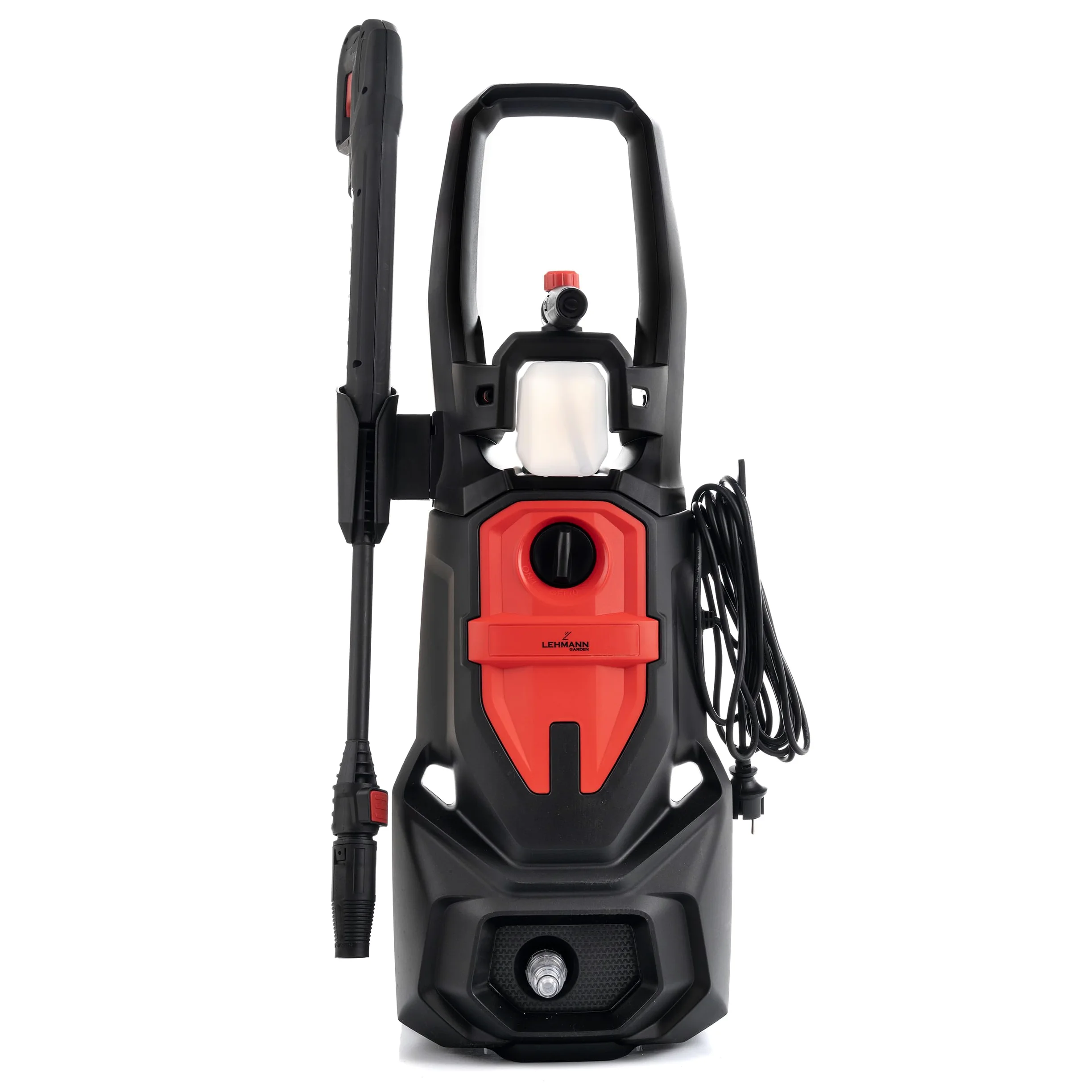 LEHMANN Austin Nettoyeur Haute Pression, 1800 W, Max. 220 Bar, Débit 450 l/h, Pompe en Aluminium, Rayon d'action 10 m, Enrouleur câble, Buse Réglable & Turbo, Canon à Mousse, Noir/Rouge