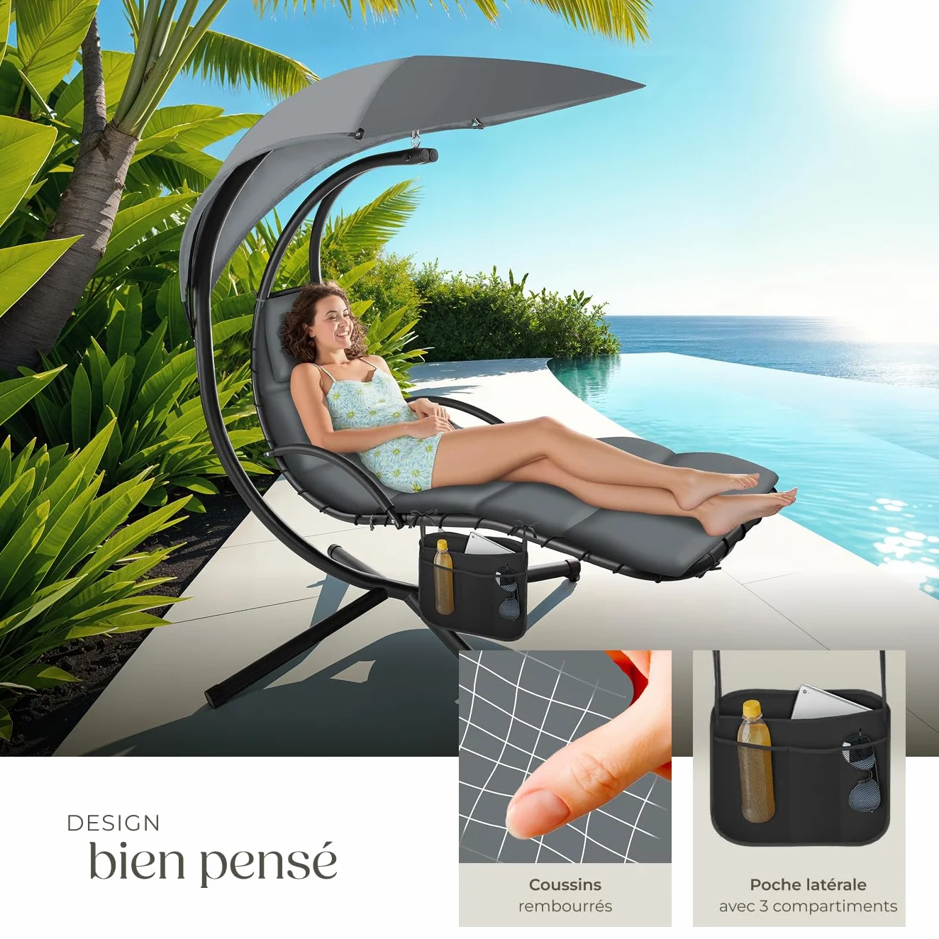 Bain de Soleil Suspendu avec Support, Parasol, Matelas, Protection UV et Poche Latérale