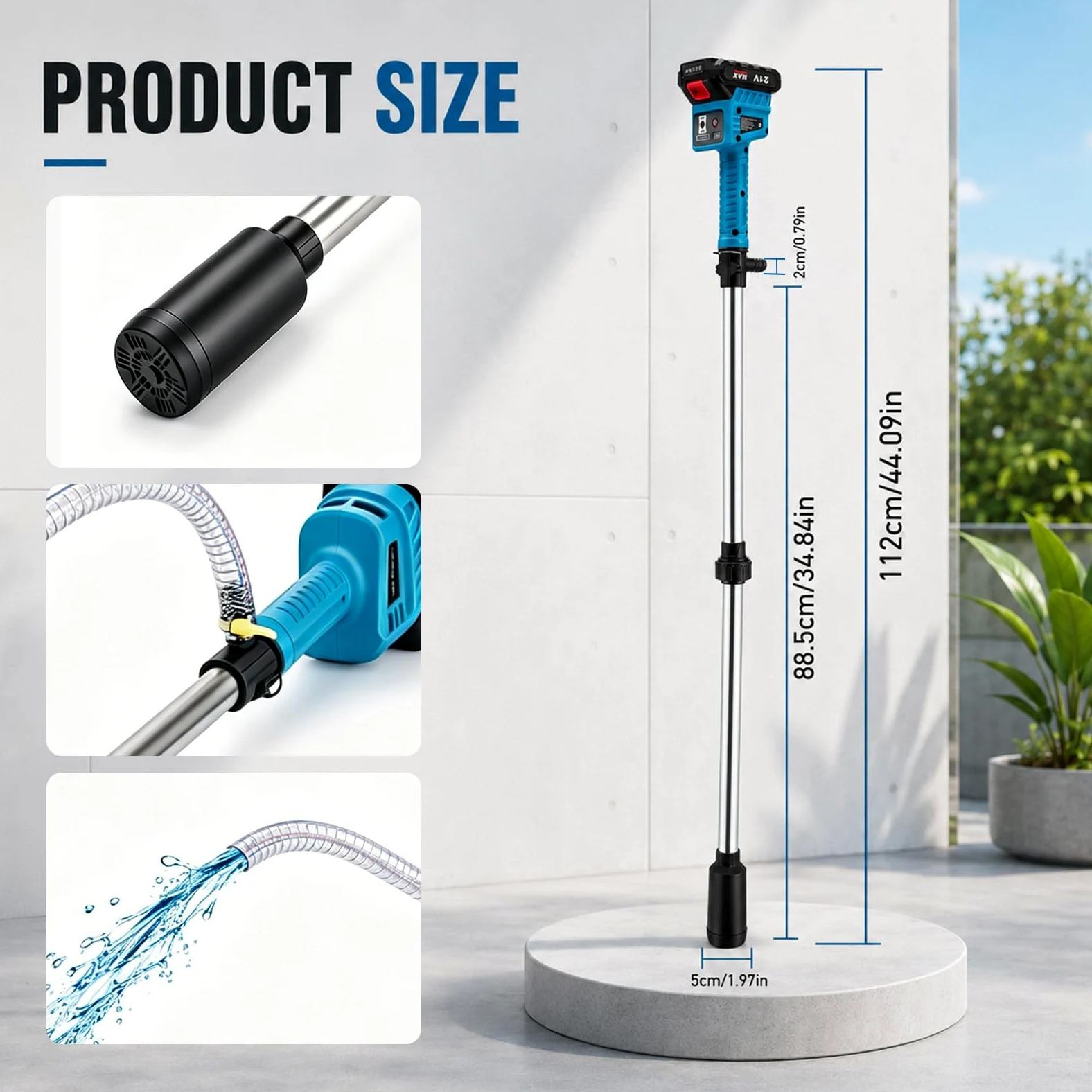 Pompe à Eau sur Batterie 21V avec 8m Tuyau, Pompe à Eau Électrique sans Fil 3 Débits, Hauteur de Refoulement 8 m, 2x1500mAh Batteries Li Ion, pour Jardin Piscine Récupérateur d Eau