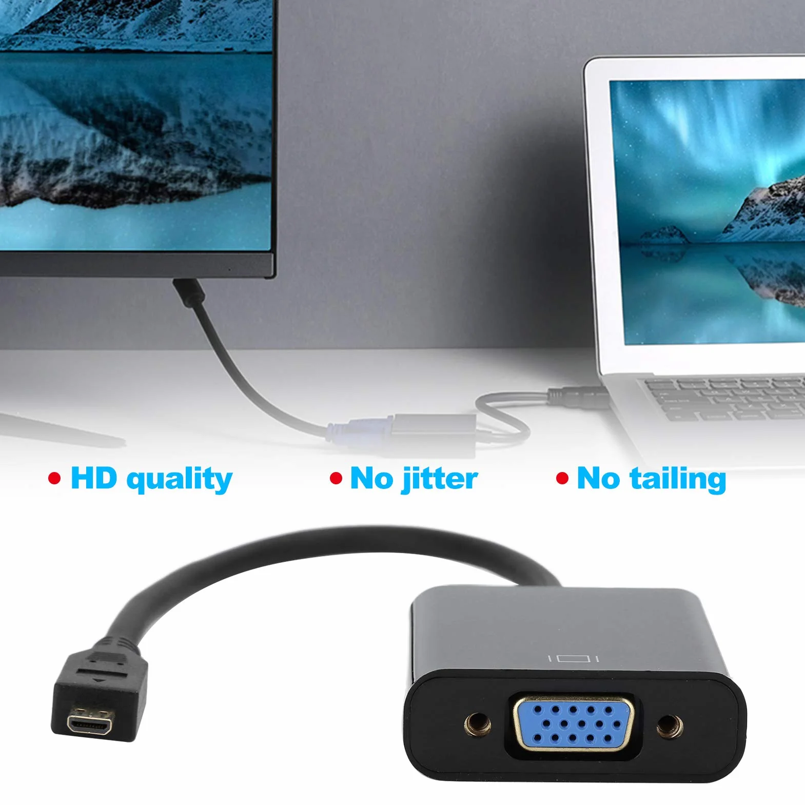 Adaptateur Micro HDMI vers VGA Actif 1080P avec Audio Stéréo 3,5 mm pour PC, Projecteur, HDTV