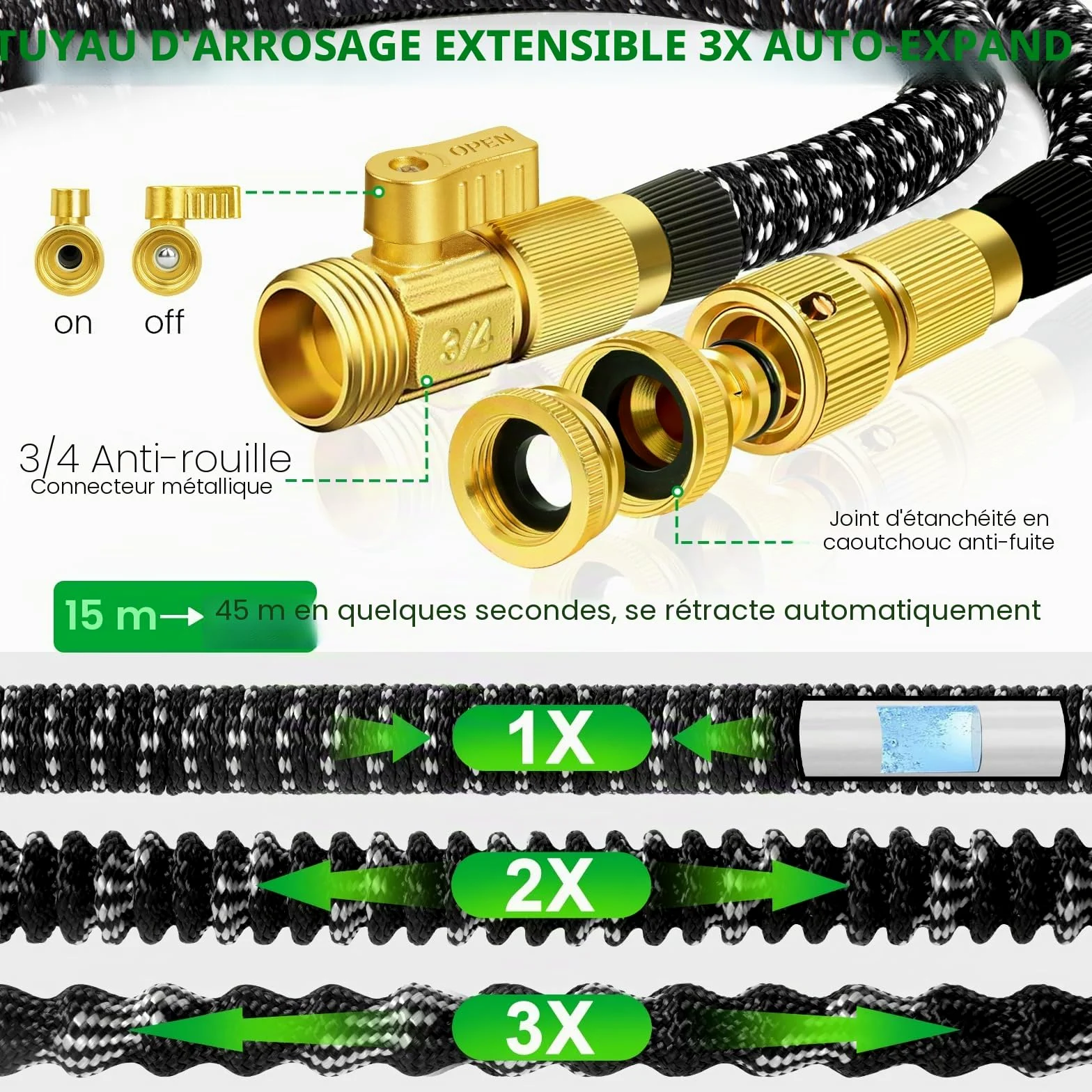 Tuyau Arrosage Extensible 45m, Tuyau d'arrosage Retractable avec 1/2" et 3/4" Adaptateur, Tuyaux d'arrosage avec 10 Modèles de Pulvérisation pour Jardin Irrigation Nettoyage Laver la Voiture