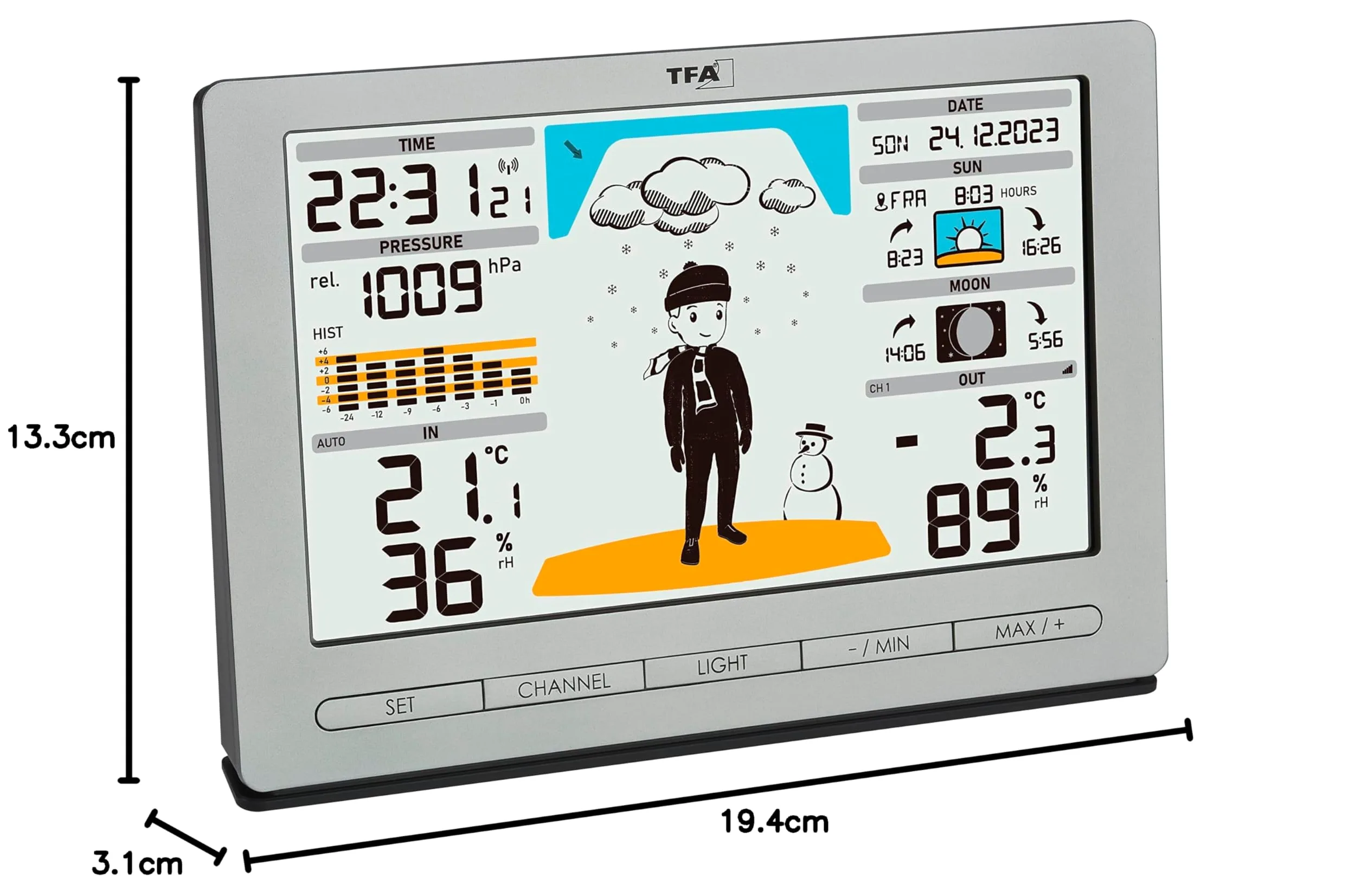TFA Dostmann station météo sans fil METEO JACK, 35.1097.54, avec capteur extérieur, prévisions météo, pression, phase de lune, lever & coucher du soleil, argenté