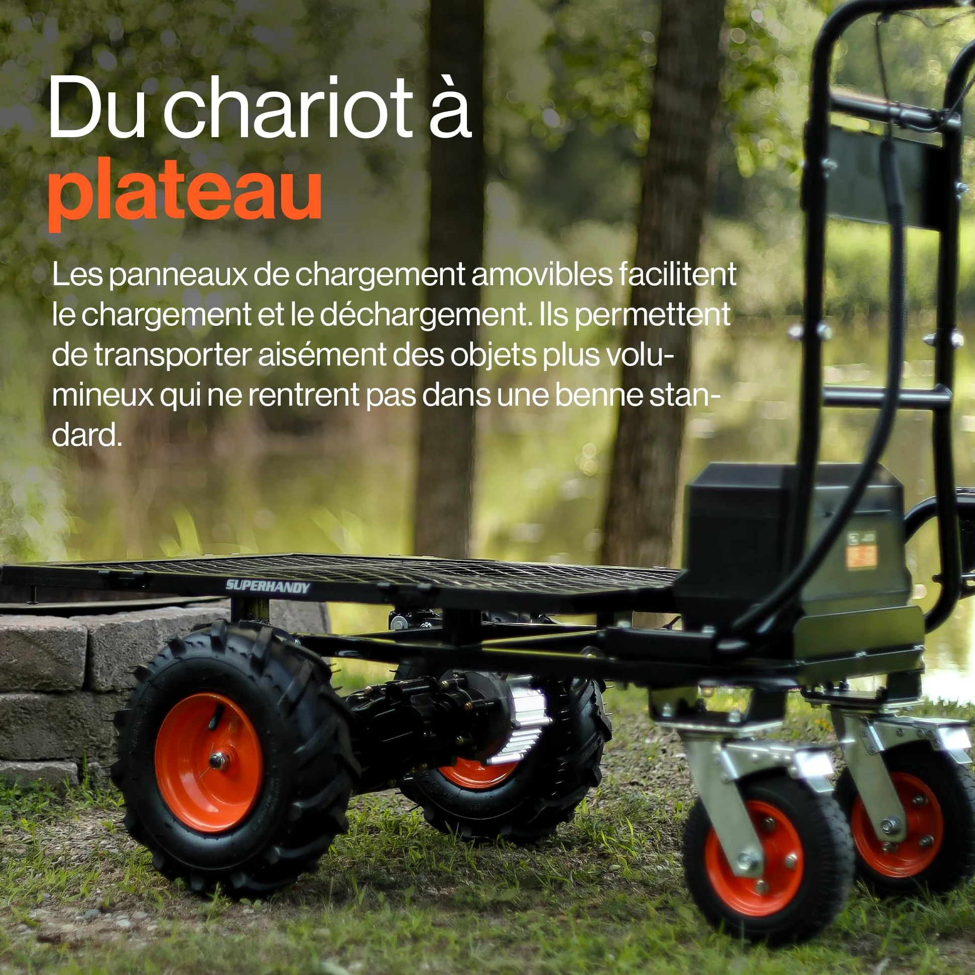 SuperHandy Chariot Utilitaire électrique, 48 V Li-ION, Charge 300 kg | Traction max. 460 kg; 2 batteries Li-ion amovibles incluses, idéal pour ferme, jardin et travaux de manutention