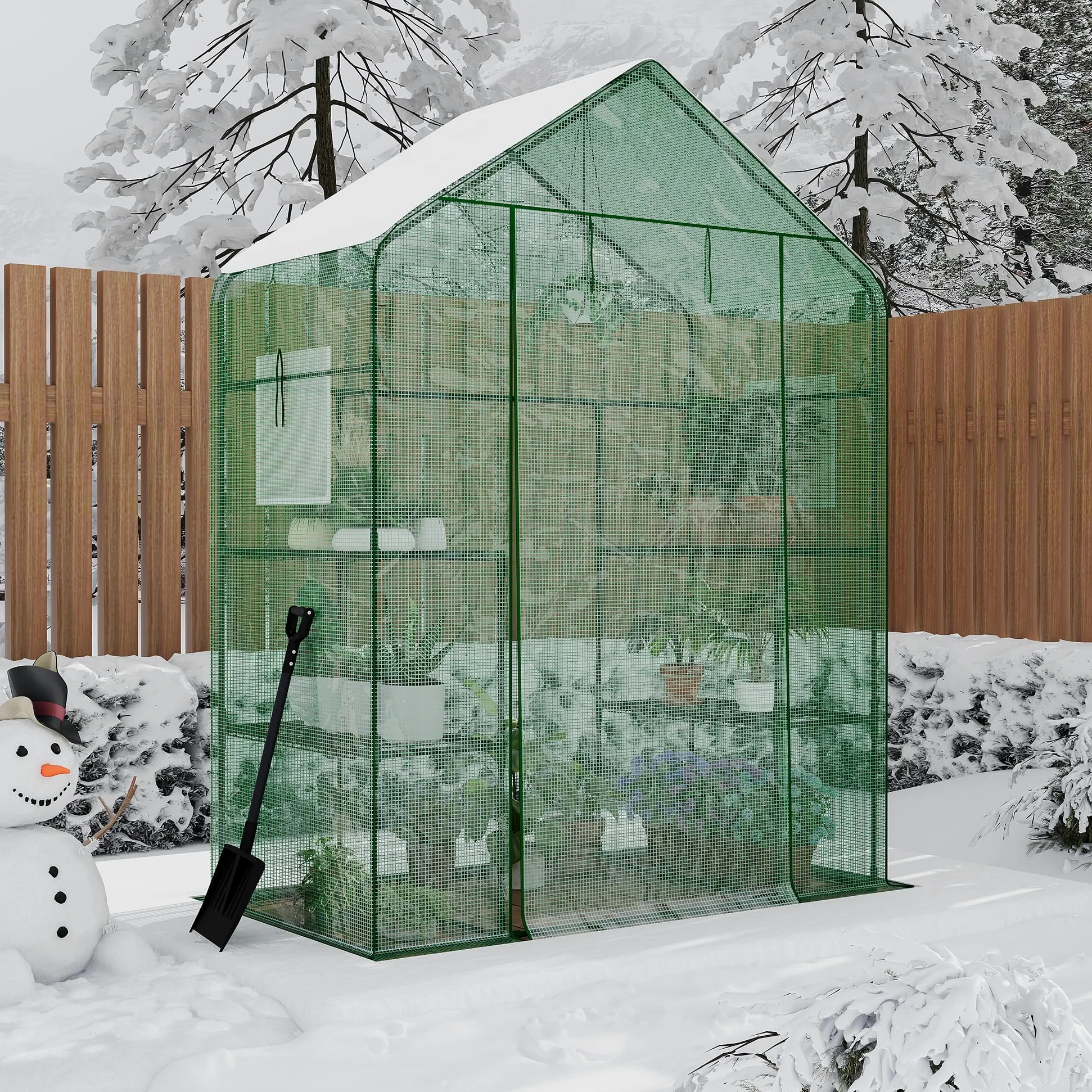 Garvee Serre de jardin à abri Walk-in, 143 x 73 x 195 cm, serre pour plantes avec couverture en polyéthylène 140 g, imperméable et structure en acier, 4 étagères amovibles, 1 porte et 2 fenêtres, vert
