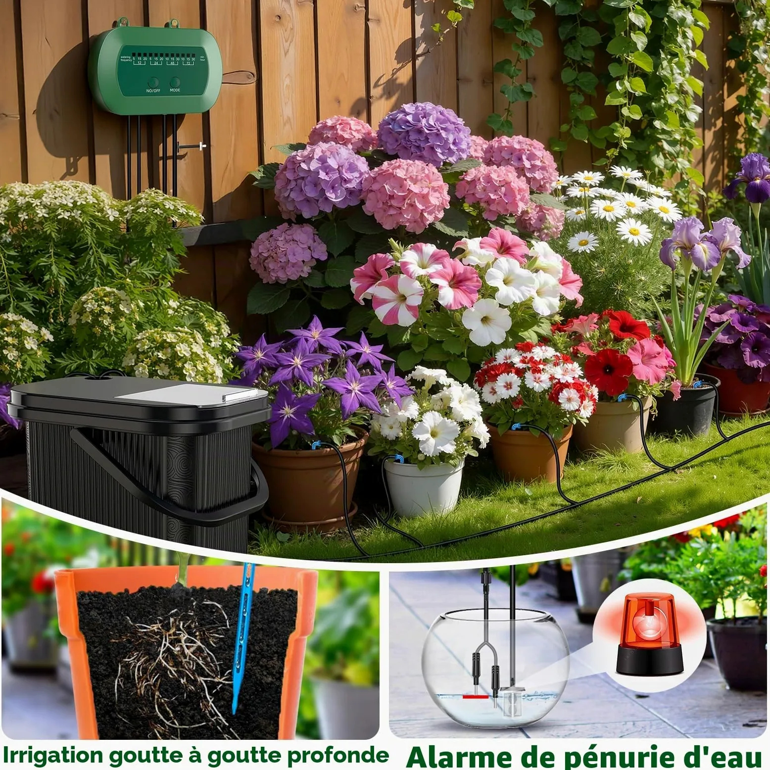 Kit d'Arrosage Automatique Solaire, Système Goutte à Goutte 15m | Avec Tuyau, Seau et 10 Pots de Fleurs, Programmateur Automatique pour Vacances, Balcon et Plantes en Pot