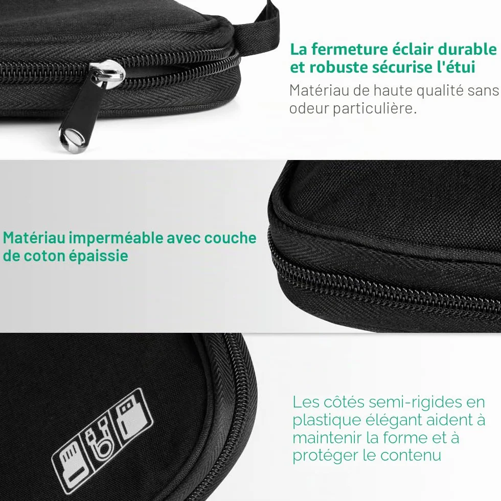 Sac Électronique Antichoc Anti Humide pour Câbles, Chargeur, Disques Durs, USB - Noir
