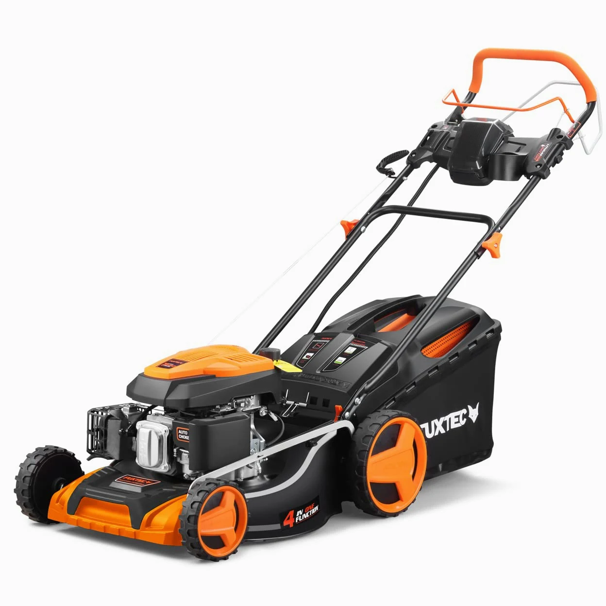 FUXTEC 4en1 Tondeuse Thermique Démarrage Électrique FX-RM5196eS - Largeur de Coupe 51cm, Système autotracté, Fonction Mulching, Réglage Central de la Hauteur de Coupe, 60L Bac de ramassage