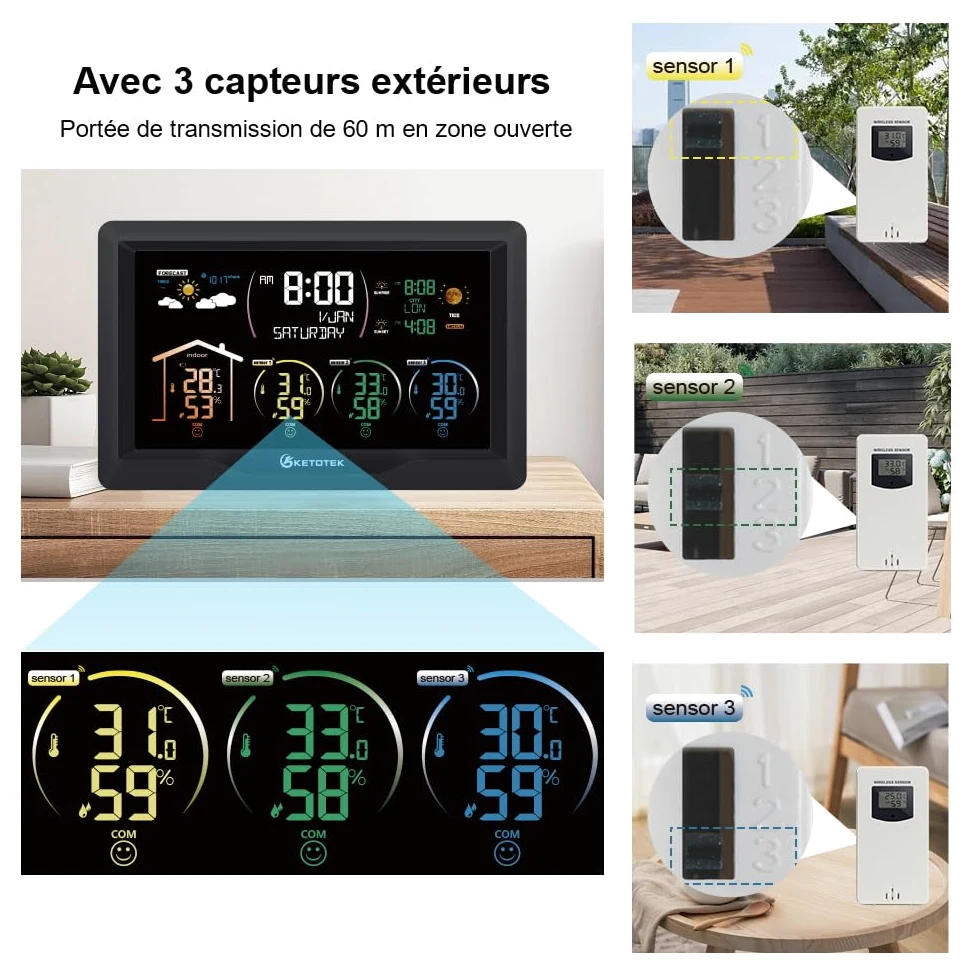KETOTEK Station Meteo Interieur Exterieur Sans Fil Thermometre Hygrometre | avec 3 Capteurs 7,5" VA LCD Affichage Baromètre, Prévisions Météorologiques, Réveil, Lever et coucher du soleil