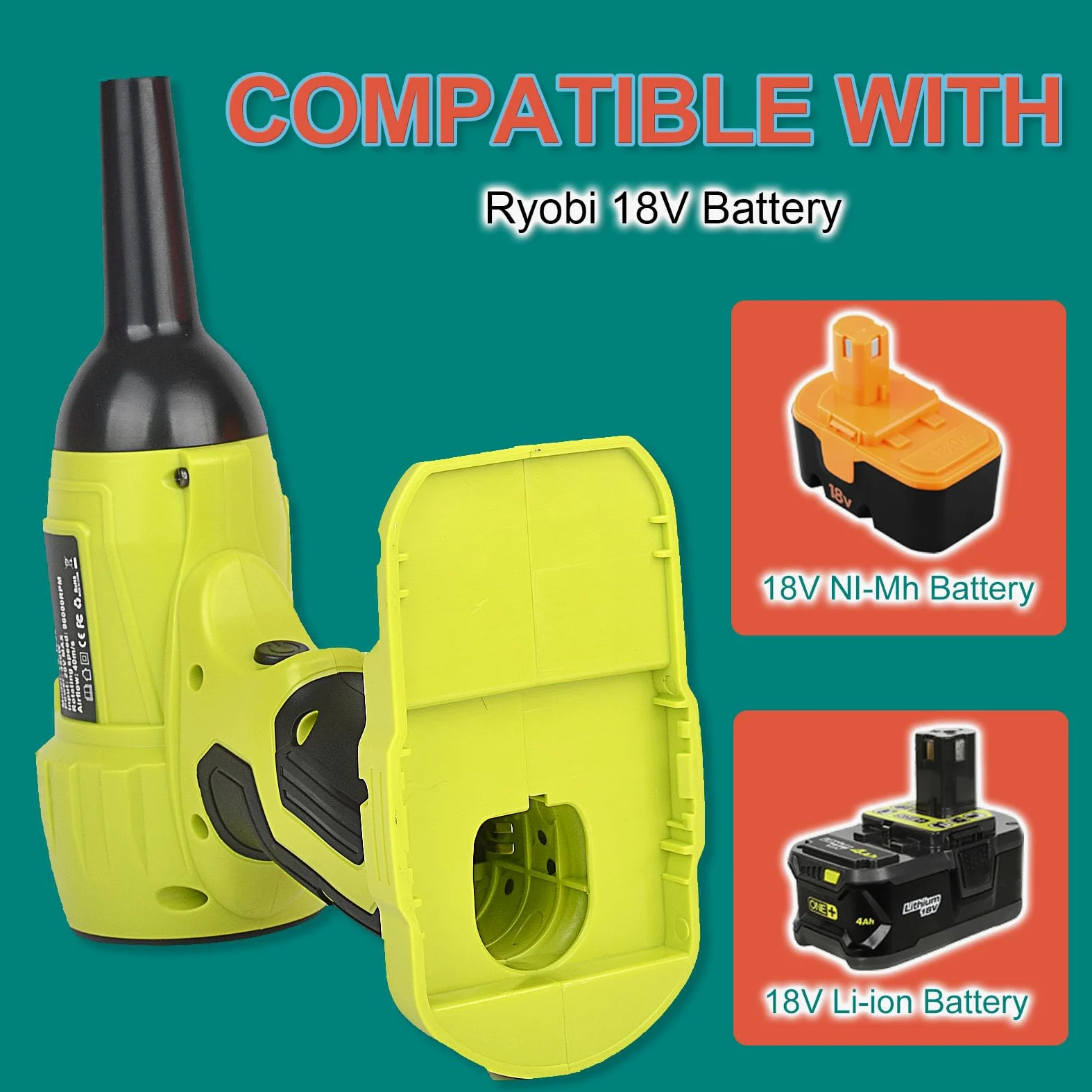 Souffleur d'air sans balais pour batterie Ryobi 18 V, plumeau sans fil avec vitesse réglable en continu, 96 000 tr/min, pour camping et piscine (batterie non incluse)