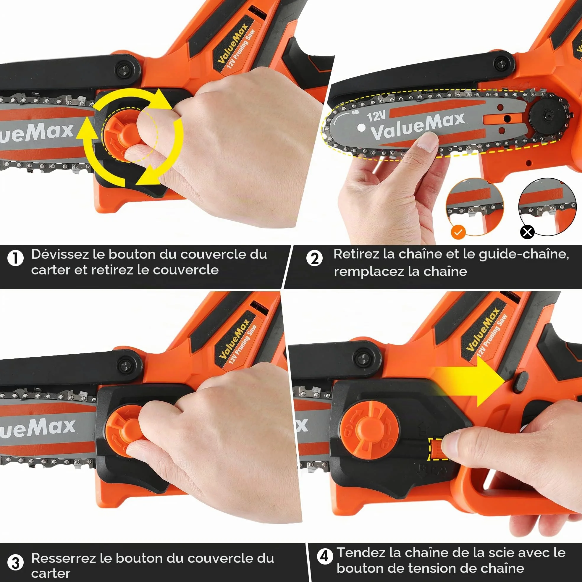 ValueMax Mini Tronconneuse a Batterie 4 Pouces | 12V Tronçonneuse Électrique Sans Fil Portable et 2 * 2000mAh Batteries pour les Branches d'arbres, l'élagage le Jardin