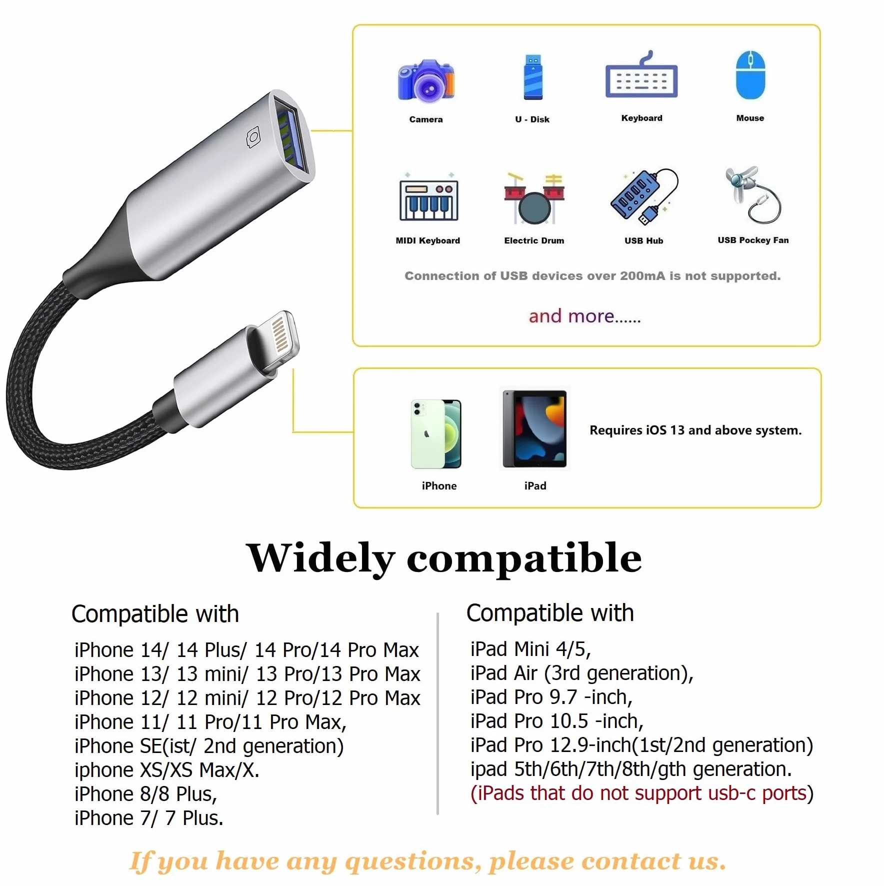 Adaptateur Lightning vers USB MFi pour iPhone iOS OTG Caméra Lecteur Flash Carte Souris Clavier