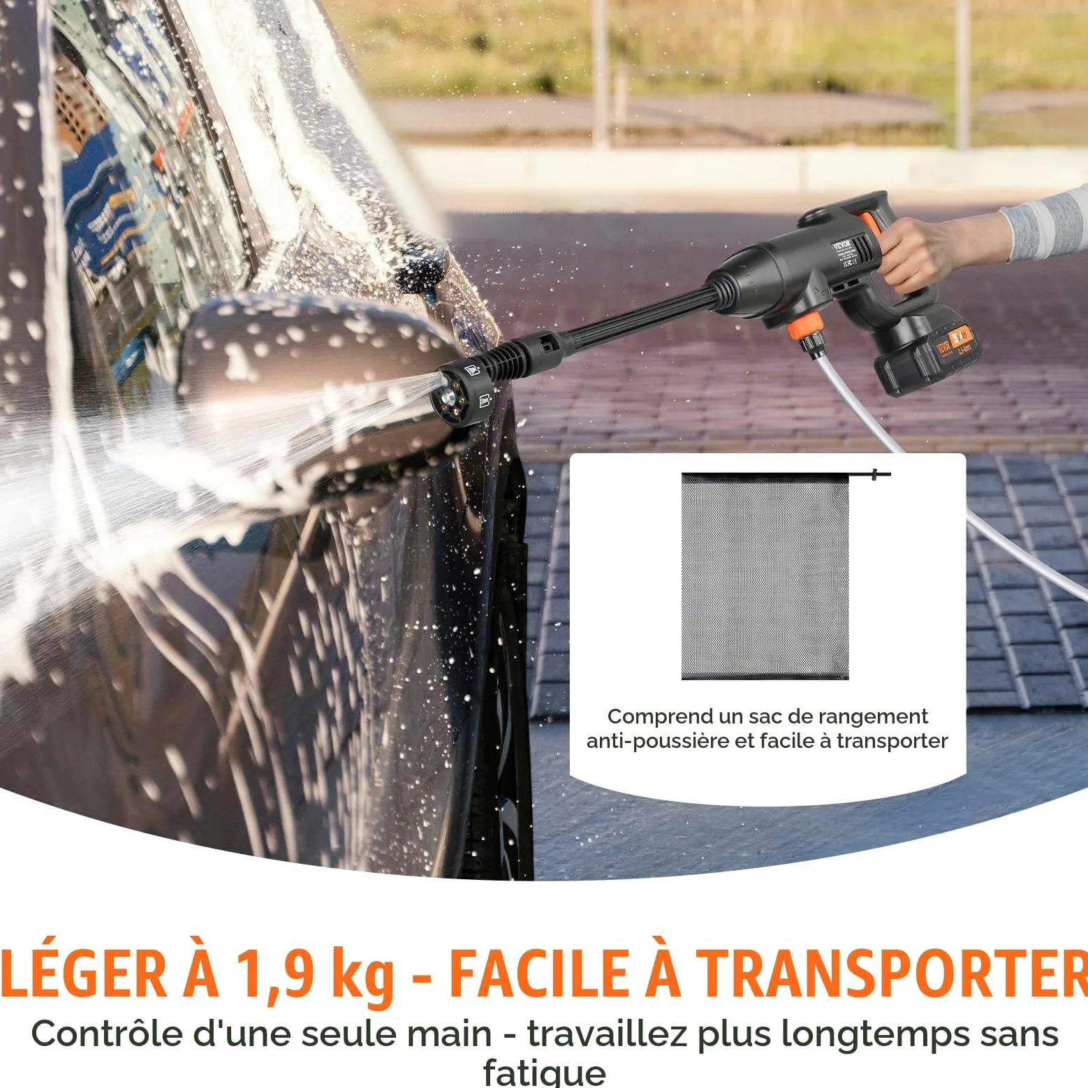 VEVOR Nettoyeur Haute Pression sur Batterie sans Fil 21 V Nettoyeur Haute Puissance Portable 580 PSI 40 bar Laveuse Électrique 4 L/min Batterie 4,0 Ah Chargeur pour Nettoyage Terrasse Jardin Voiture