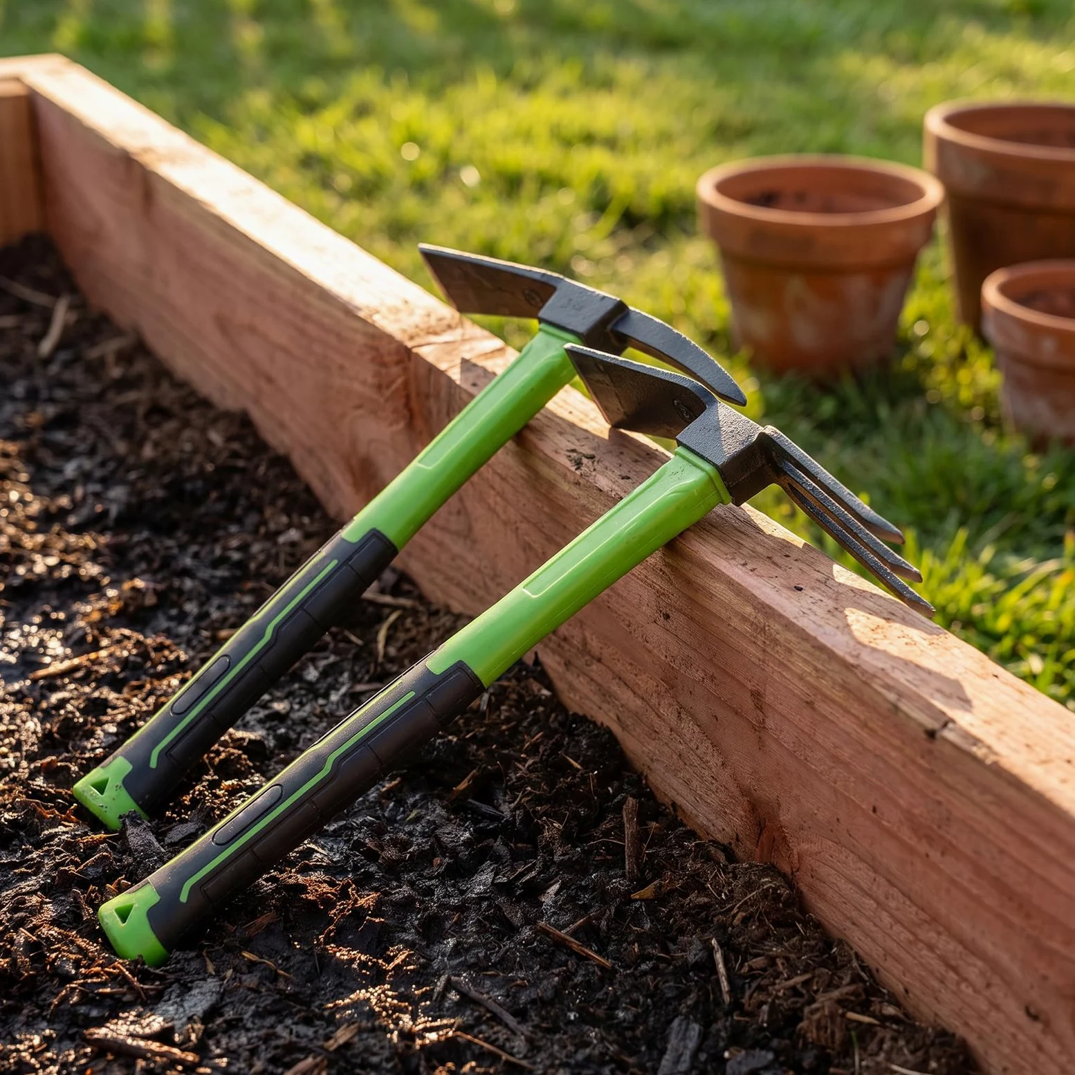 INOOMP Ensemble de 1 houe, cultivateur et râteau à main pour jardin, | Houe et râteau robustes en acier au manganèse, outils de désherbage et de bêchage avec trou de suspension pour
