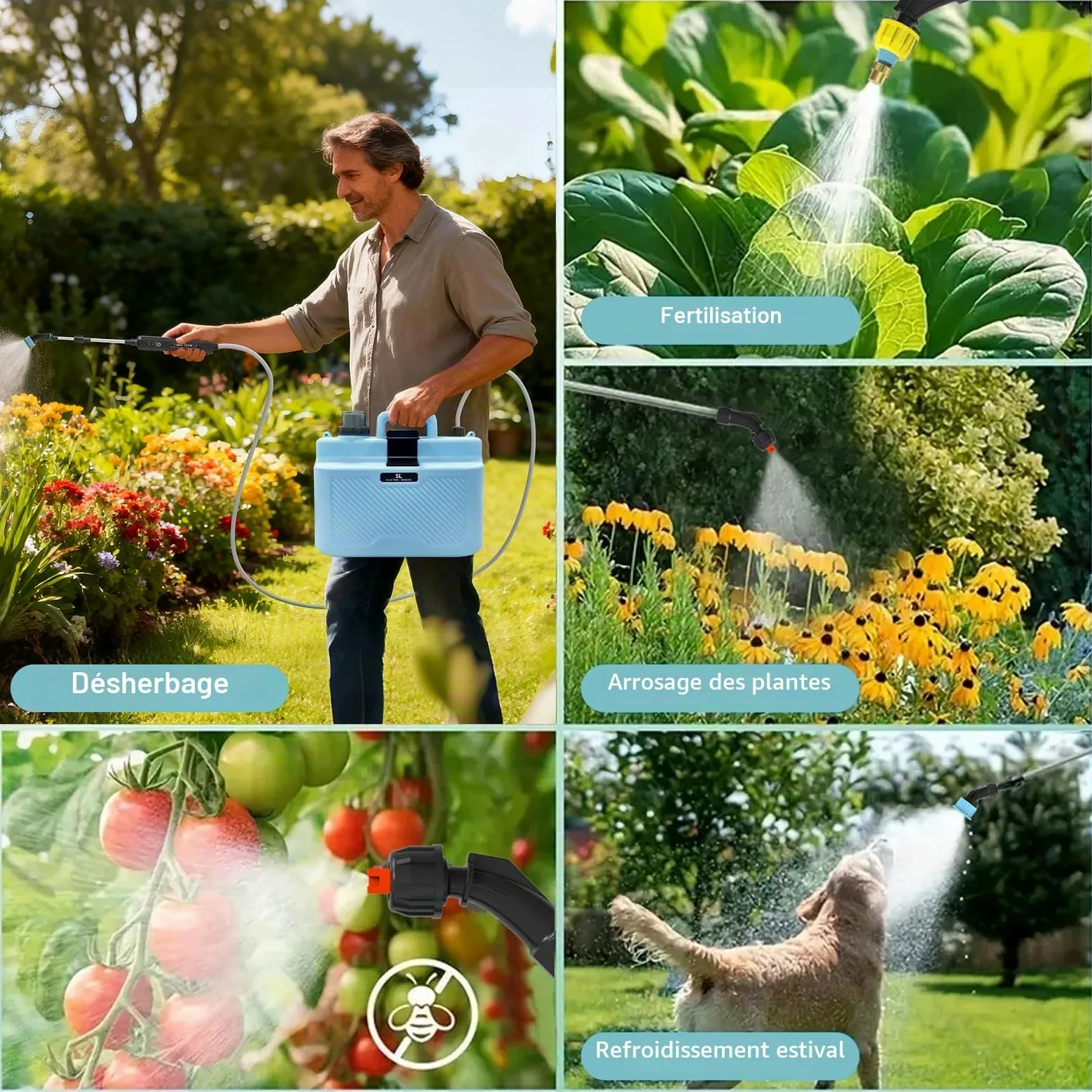 Pulvérisateur Électrique 5L Rechargeable, Pulvérisateur à Dos Jardin avec 4 Buses et Canne Télescopique adapté pour Arrosage et Désherbage dans Le Jardin
