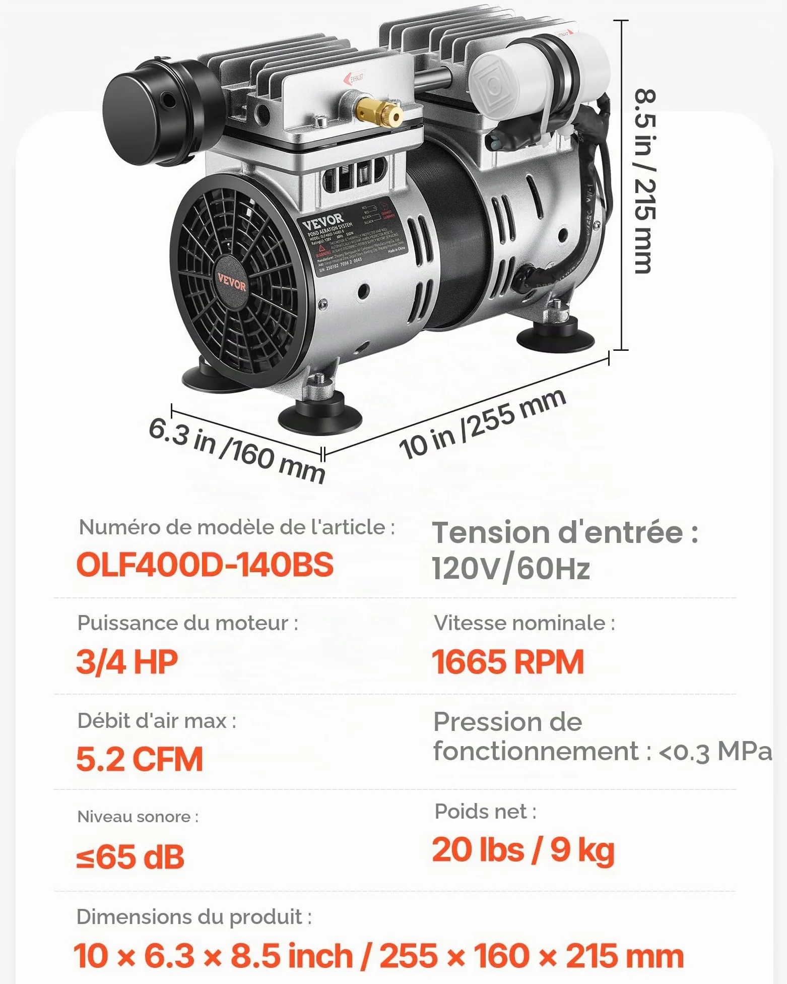 VEVOR Aérateur de Bassin, 550 W, kit système d'aération de lac, 5,2 CFM pour étangs jusqu'à 3 Acres Profondeur 15 m avec compresseur d'air, minuterie, vannes pour Circulation oxygène en Eau Profonde