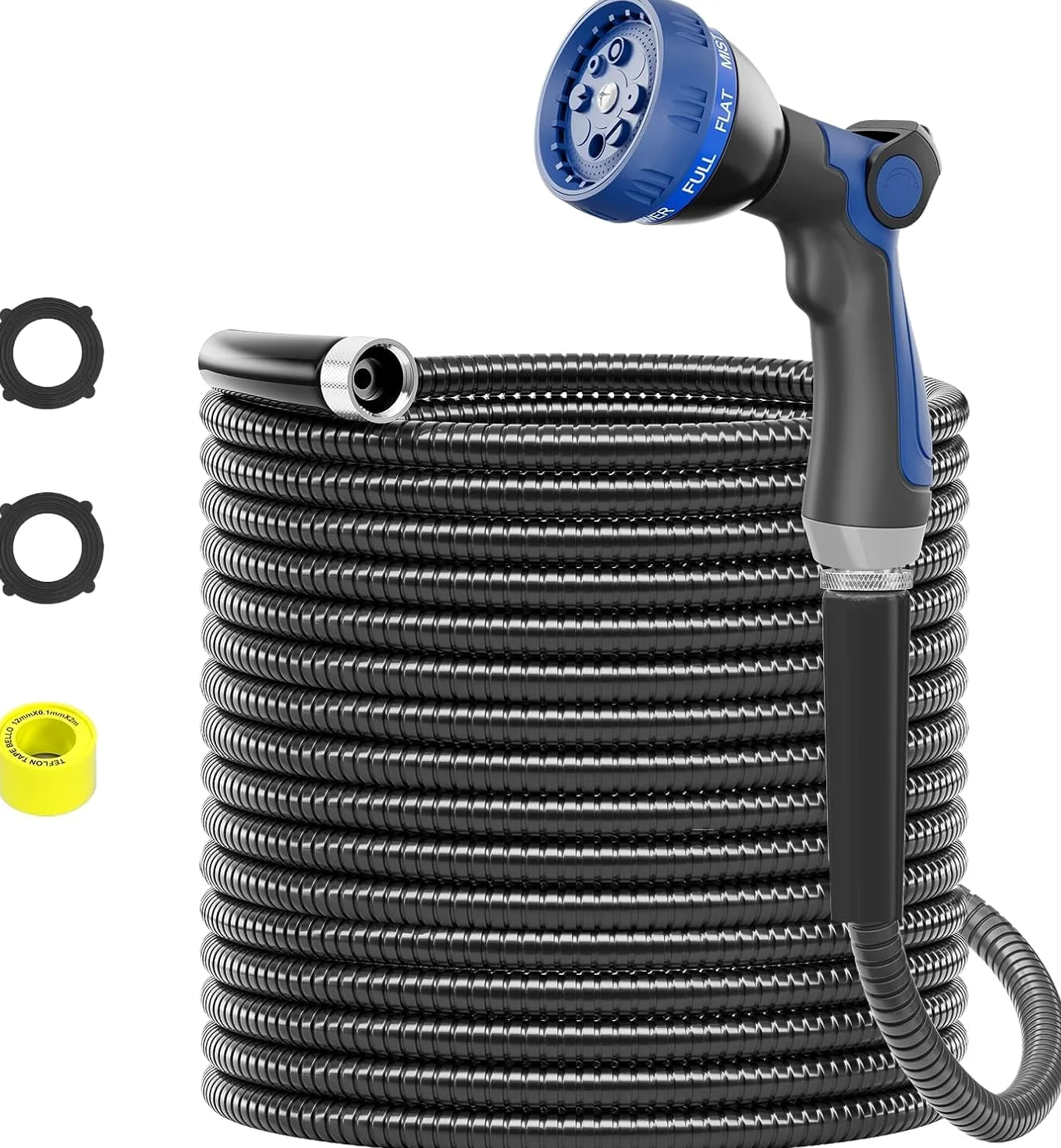 SPECILITE Tuyau d'arrosage en acier inoxydable 304 de 15,2 m très résistant avec buses pour cour, extérieur – Flexible, ne s'emmêle pas, résistant aux perforations (noir)