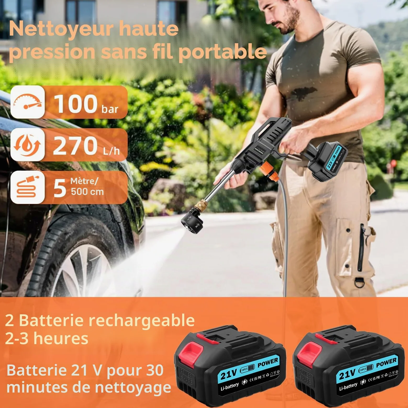 Nettoyeur haute pression sans fil Yelyee, 21 V, 100 bars, portable, avec 2 batteries lithium de 3 000 mAh, buse 6 en 1, tuyau de 5 m, débit de 270 l/h pour voiture, sols, terrasses et fenêtres.