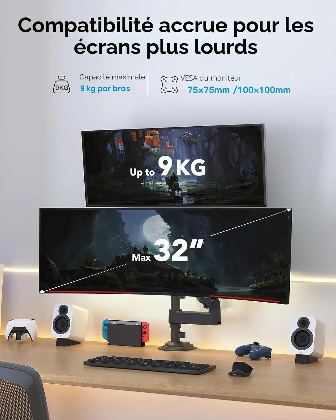 HUANUO Support Écran PC 2 Écrans 13-32 Pouces, Bras Gaming Réglable en Hauteur, VESA 75x75/100x100mm