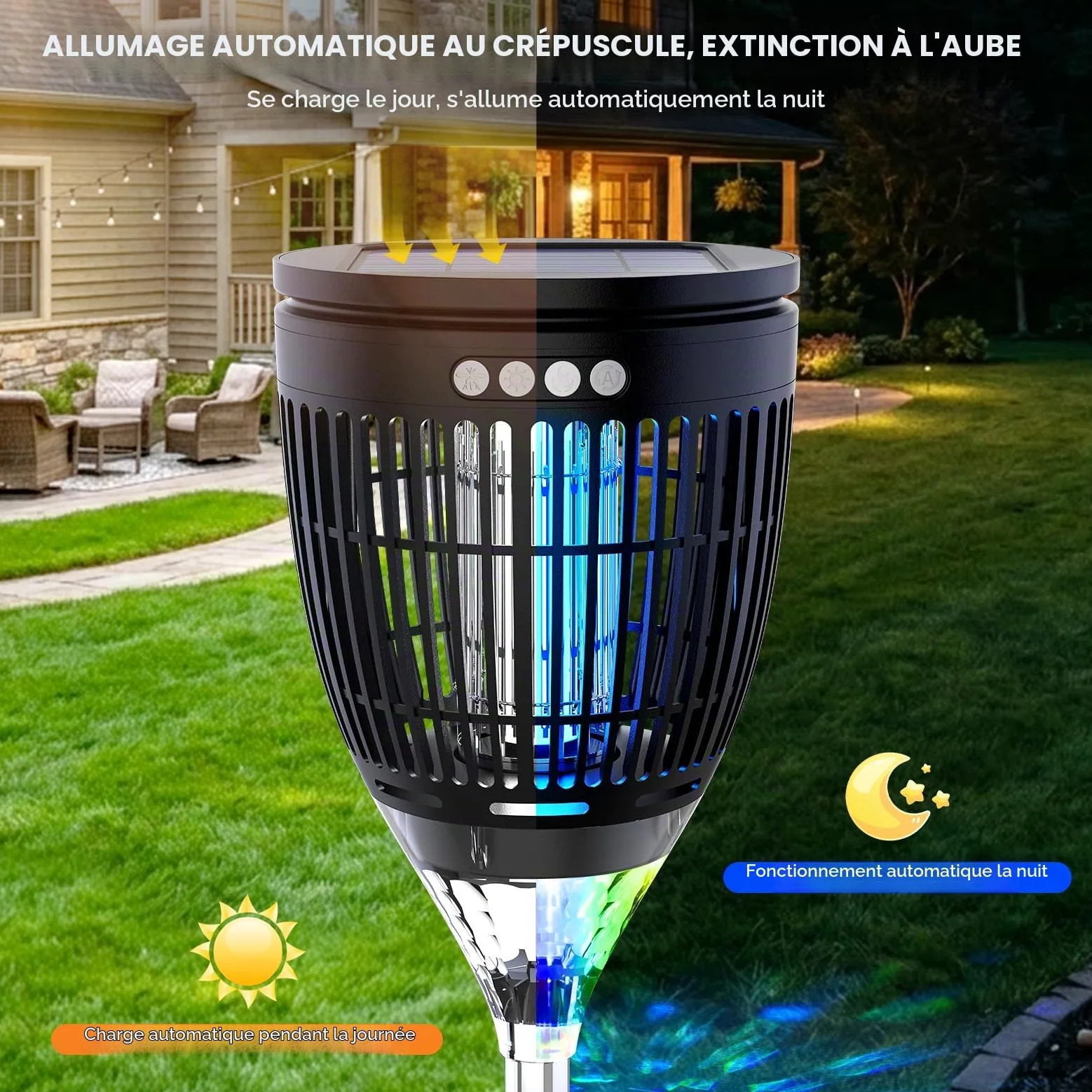 Anysun Anti Moustique Extérieur Solaire, Lampe Anti Moustique 4200V | Lumière Flamme & Projecteur Nébuleuse, Rechargeable USB, IPX5, Capteur Intelligent, pour Terrasse, Jardin, Camping