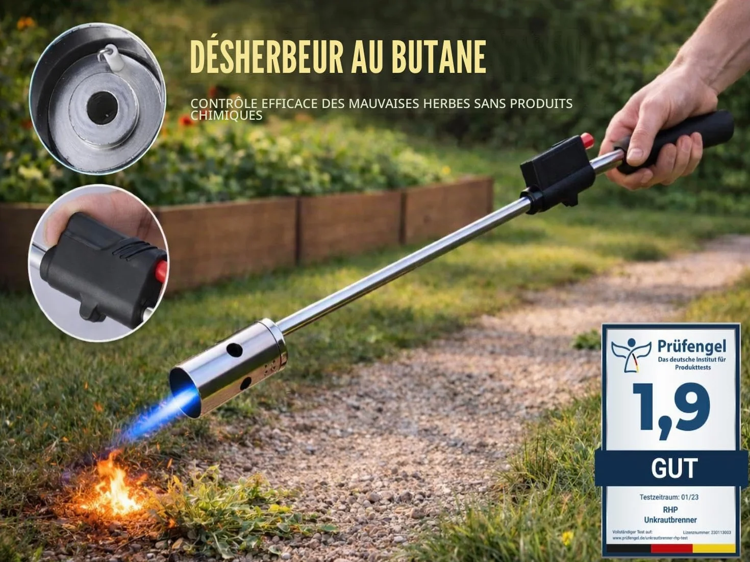 Brûleur à mauvaises herbes RHP 80 cm, avec 4 cartouches de butane 227 g, allumage piézoélectrique, flamme 1000 °C