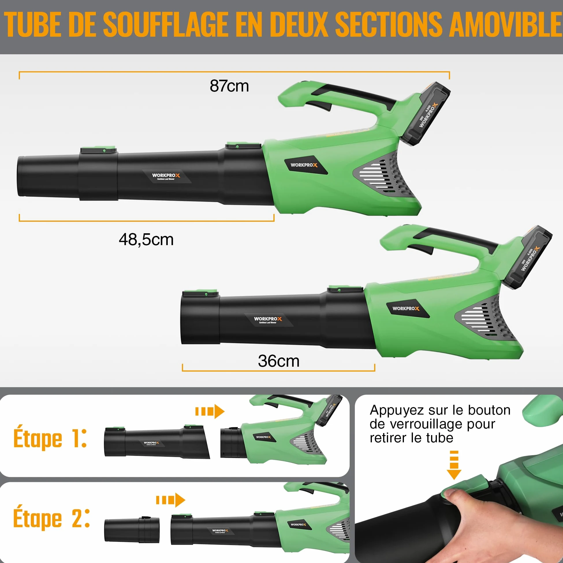 WORKPROX Souffleur de Feuilles Axial sans Fil 20V, Souffleur à Batterie 4,0 Ah avec Chargeur, Vitesse d'air Maximale 144 km/h et Capacité 850 m³/h, 5 Vitesses Réglables, pour Jardins Allées Terrasses | Chargeur Inclus, Vitesse d'air 144 km/h, Débit d'air