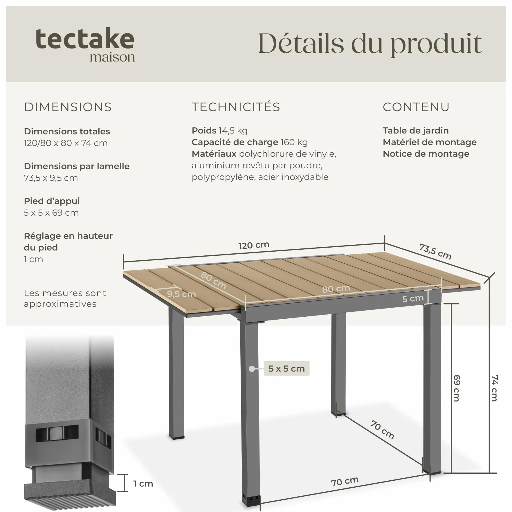 Tectake Table de Jardin Extensible Aluminium 80-120 x 80 x 74 cm 4-6 Personnes