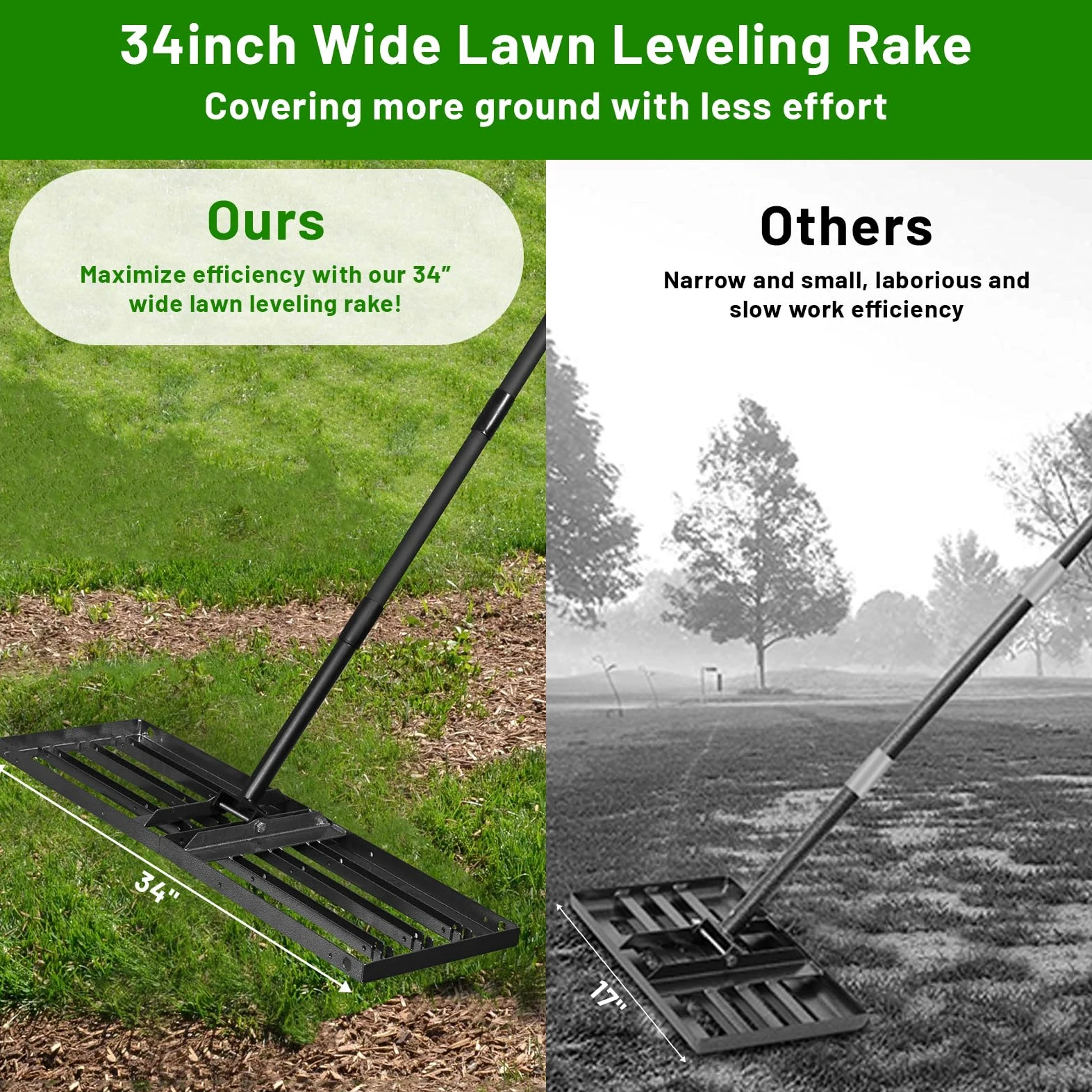 Râteau niveleur de pelouse 24x87cm,Rateau nivellement Robuste avec Manche réglable de 172,5cm pour niveler la pelouse,Terre,l'herbe et Le Sable dans Les Jardin,Les Cour arrière et Les Terrain de Golf