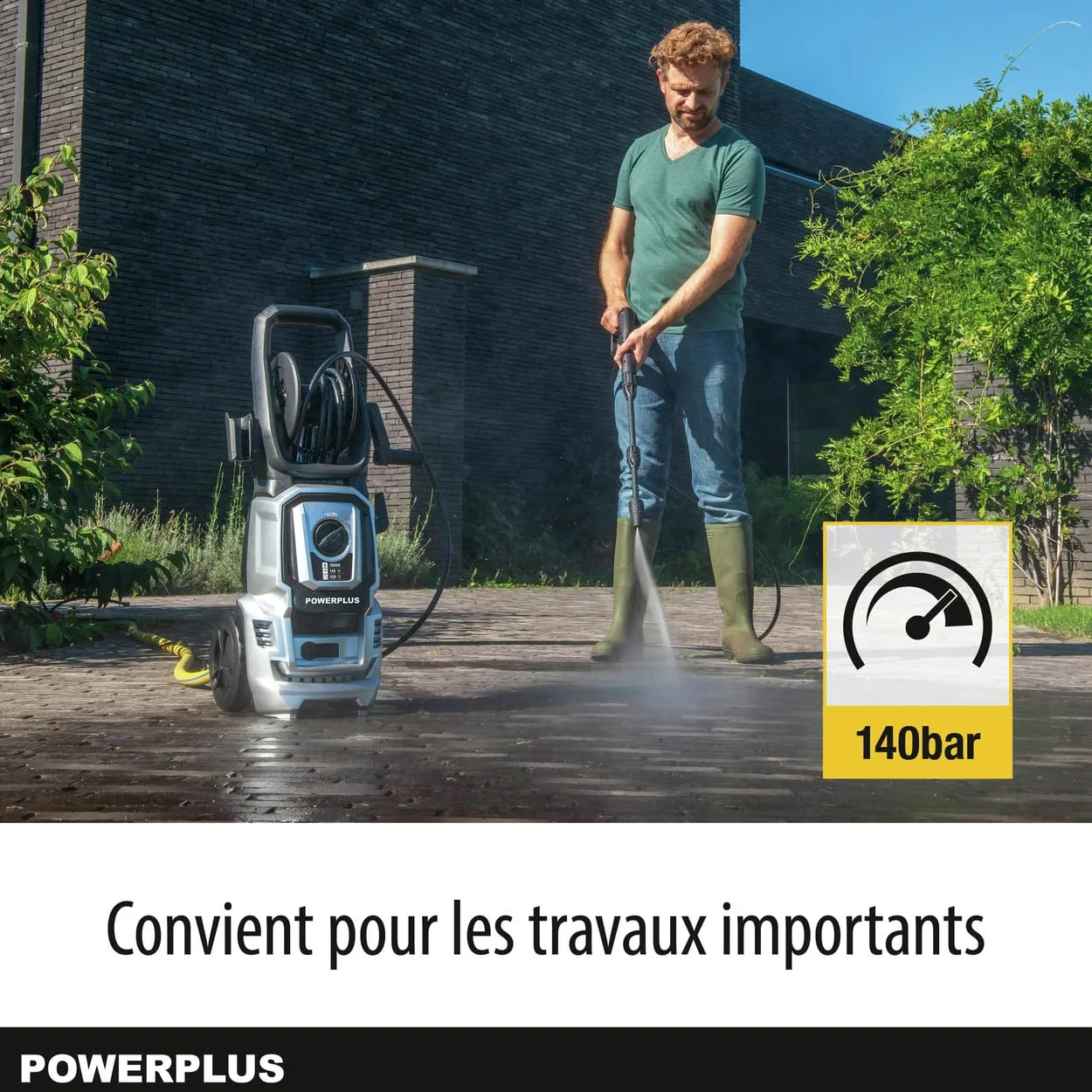 Powerplus Nettoyeur Haute Pression Électrique POWXG90411 - Nettoyeur de Terrasse de 1800 W, Fonction Start/Stop, Pression Max. de 140 Bars et Température de 50°C, Tuyau de 8 m et Accessoires Inclus
