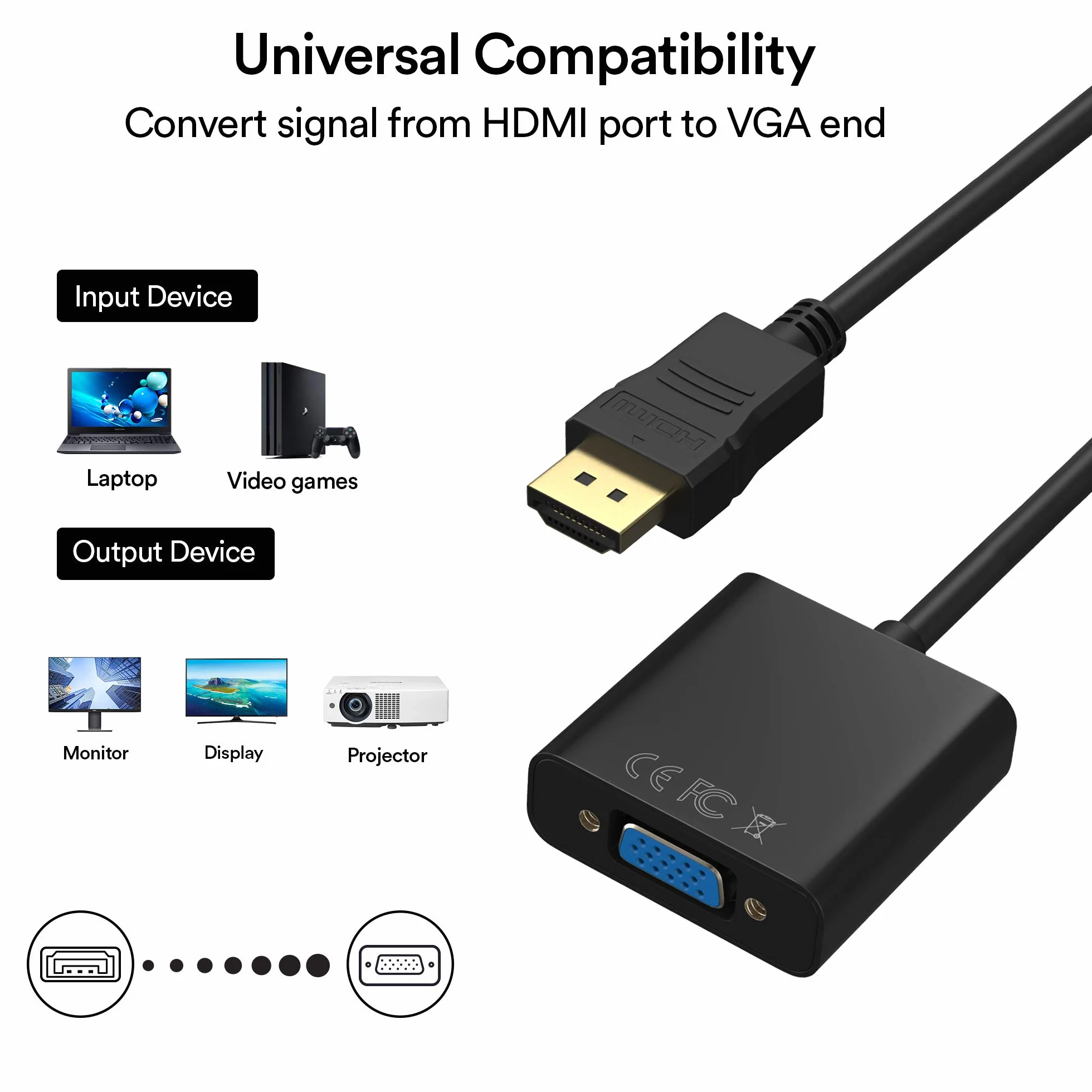Adaptateur HDMI vers VGA 1080P mâle vers femelle avec audio Noir