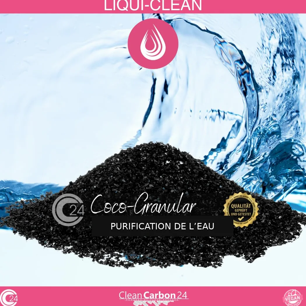 Clean Carbon 24 LIQUI-Clean Coco granulé 8×30Mesh/0,8–3,2mm, 10l | 5kg | Granulés fins 0,6–2,36 mm pour aquarium, bassin et filtration de l’eau, activés physiquement à la vapeur