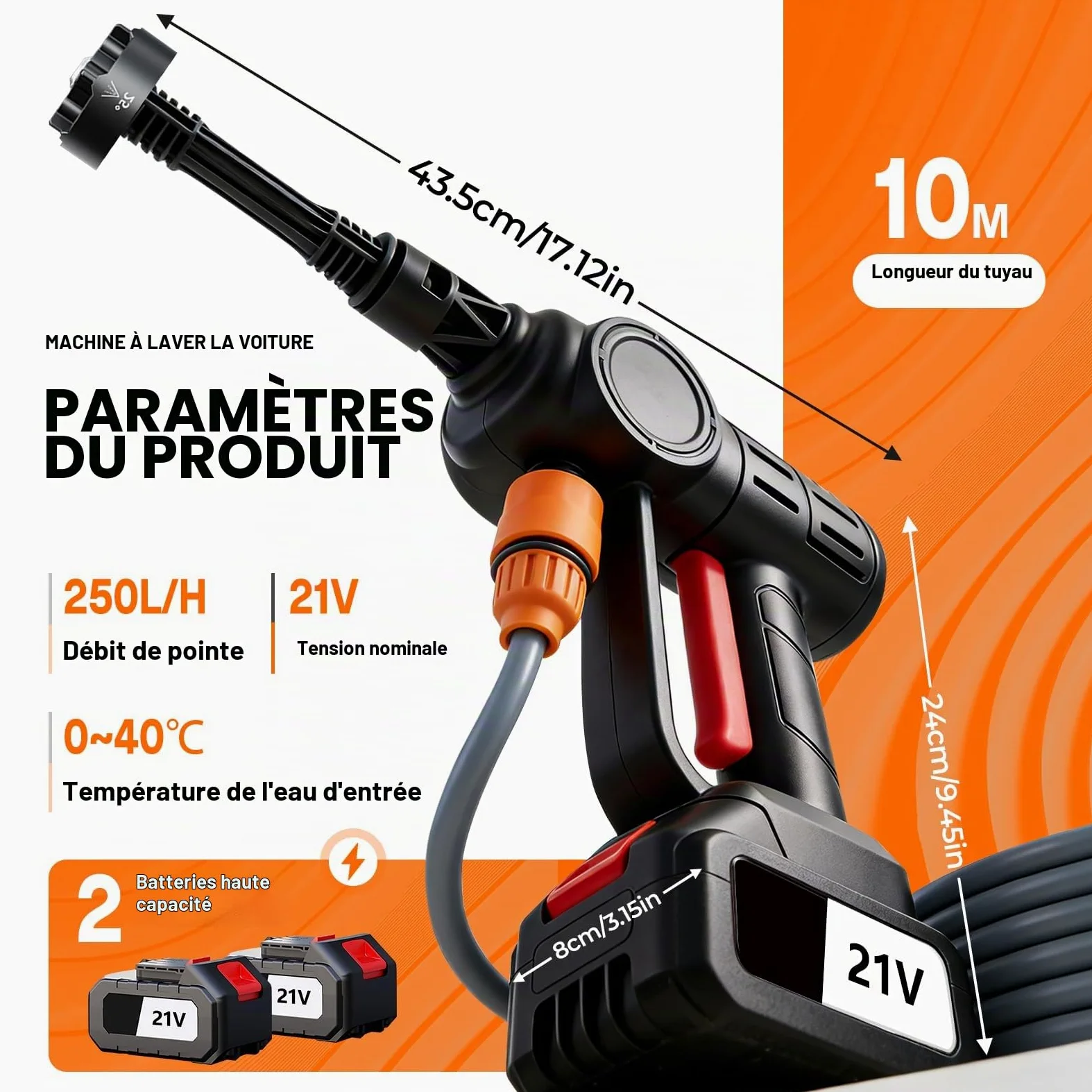 auvstar Nettoyeur Haute Pression sans Fil,Buse Réglable 6 en 1 Tuyau 10 M | Pistolet Nettoyeur Haute Pression Portable,Pistolet Haute Pression avec 2 Batteries pour Nettoyer Les Voitures, Sols