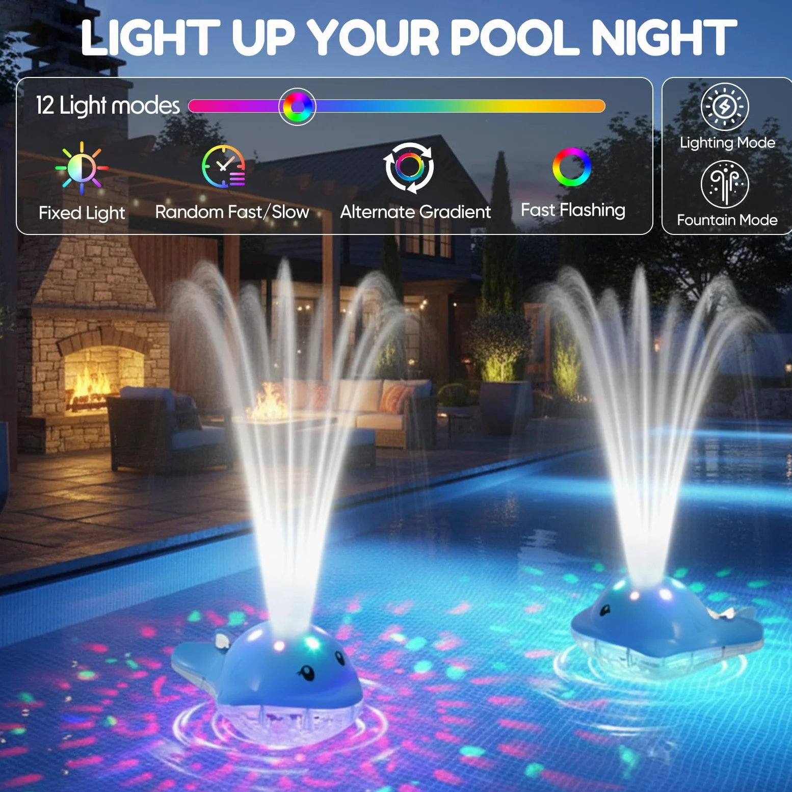 Fontaine pour Piscine avec Lumières, Éclairage Flottant avec Télécommande, 12 Modes Couleur, 2 Réglages Jet, Rechargeable – pour Bassins Hors Sol Et Enterrés