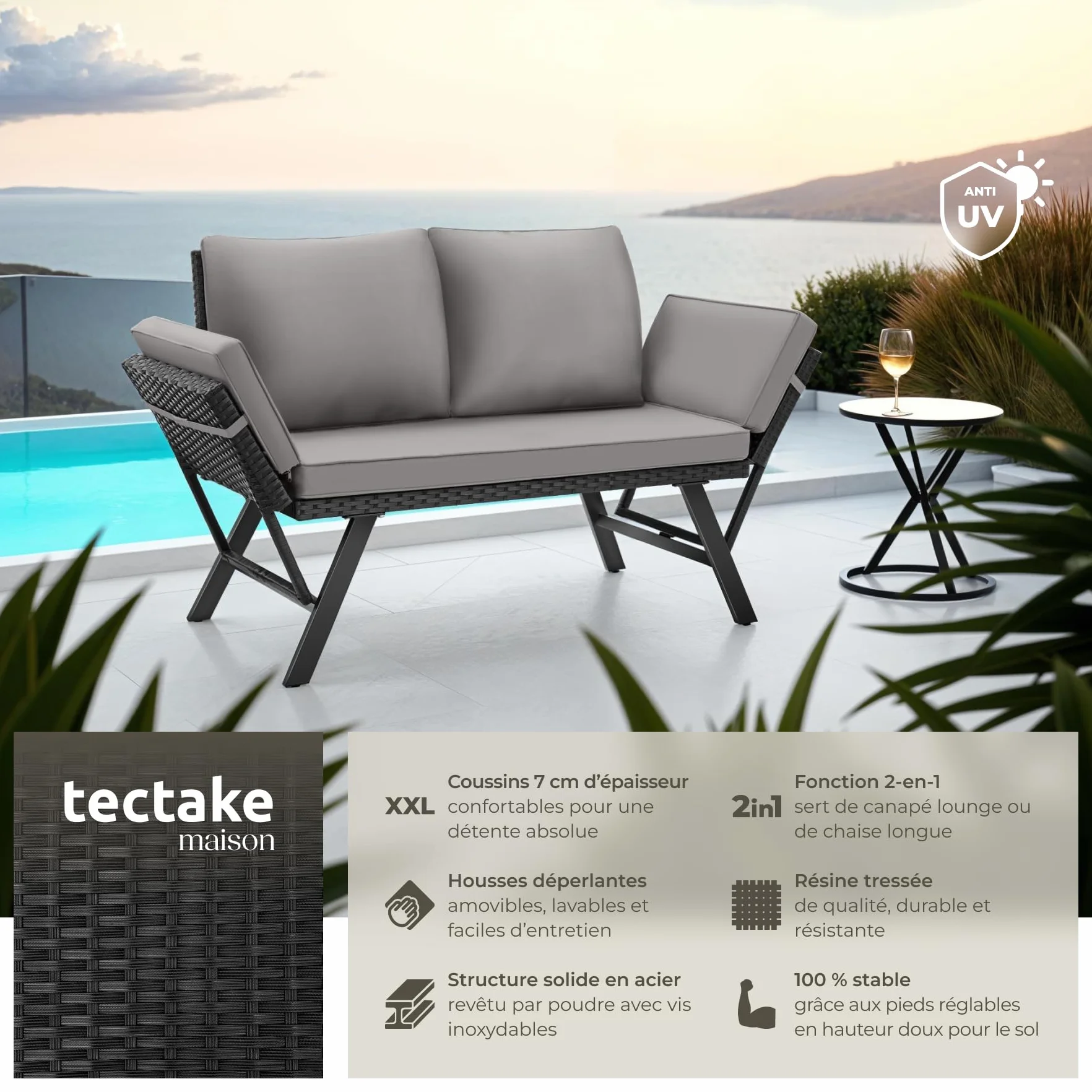 Tectake Salon de Jardin Exterieur 2en1 Canapé 2 Places Bain de Soleil en Résine Tréssée