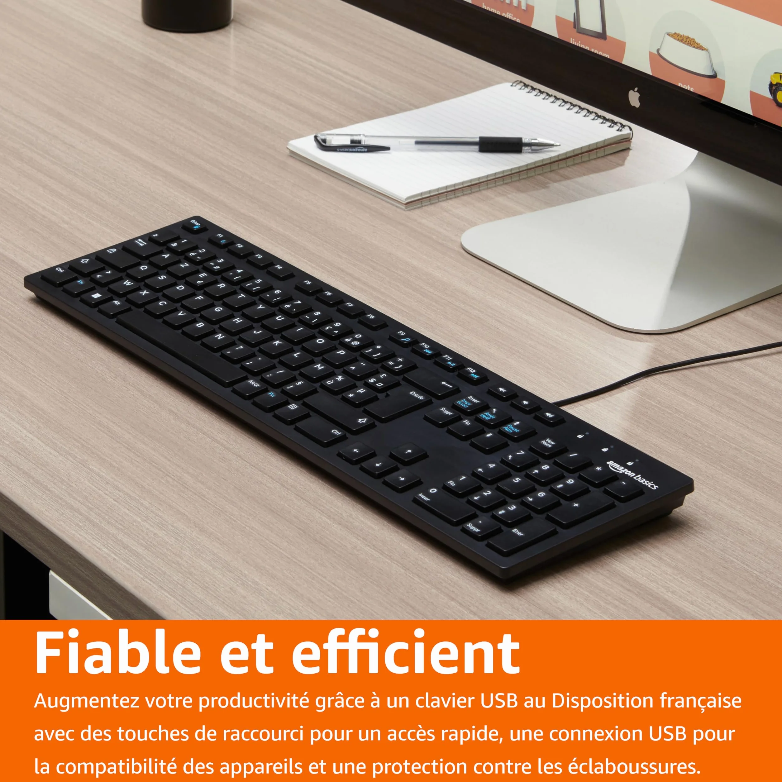 Amazon Basics Clavier USB filaire discret disposition française noir mat