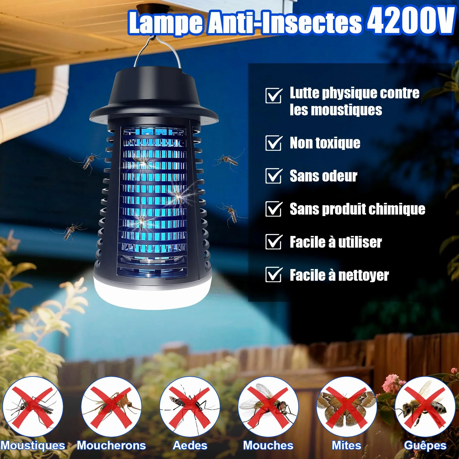 Lampe Anti Moustique LED 4200V 15W UV Tue Mouche Electrique Piège Intérieur Extérieur