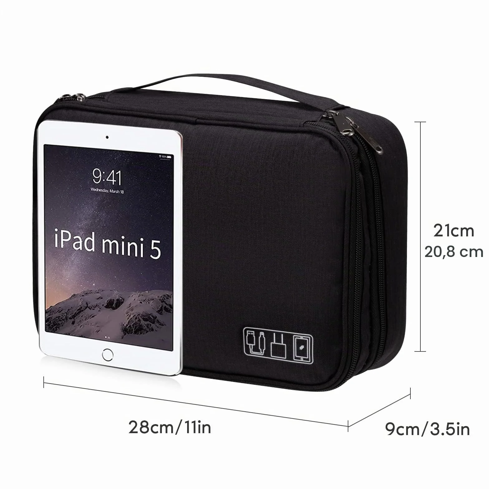 OrgaWise Sac Électronique Multifonctionnel Portable Étanche pour Tablette, Disque Dur, Chargeur (Noir, 3 Couches)