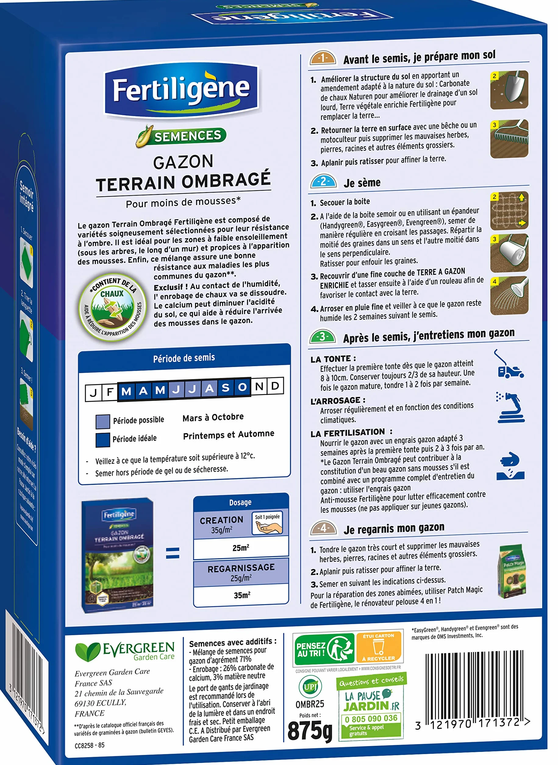 FERTILIGENE OMBR25 - Semences Gazon Terrain Ombragé 875 g - Pour 200m² - Premières pousses en 1 semaine