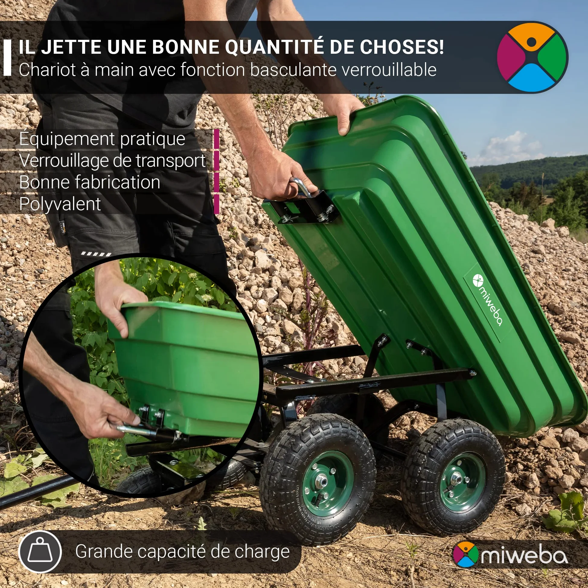 Miweba Chariot de Transport Dumper | Capacité 300 kg - Bac en PP - Basculement - Chariot à Main - Attelage - Essieu Directeur - Pneus gonflables - Brouette - Chariot de Jardin (Gris) | Fonction basculante - Volume 75 l - Diable - Brouette - Chariot de tra