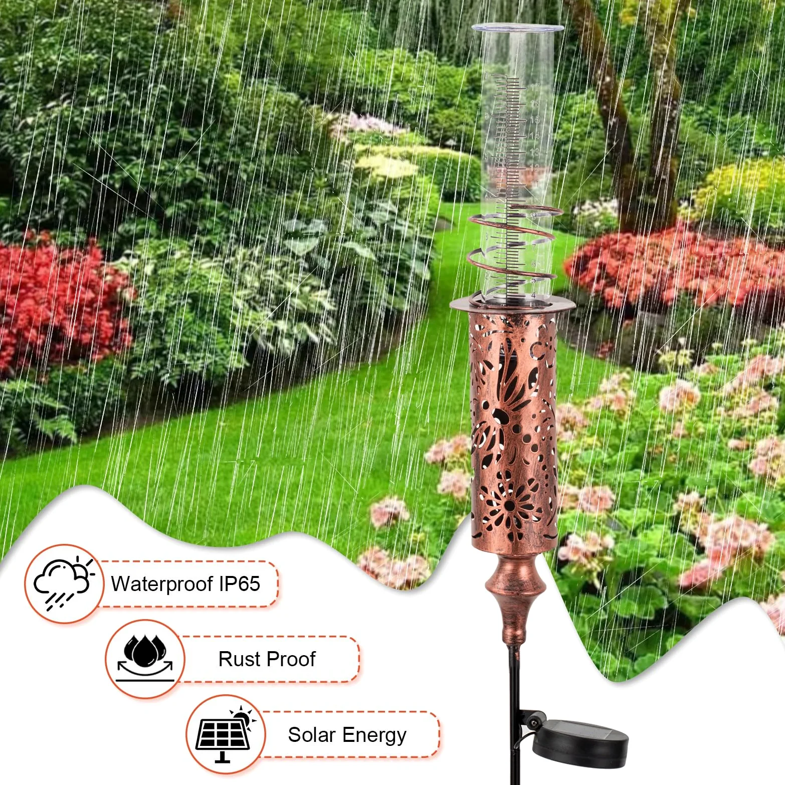 Pluviomètre d'extérieur solaire pour cour, jauge de pluie anti-gel avec tube en plastique de 17,8 cm, piquet décoratif de jardin en cuivre avec lumière LED