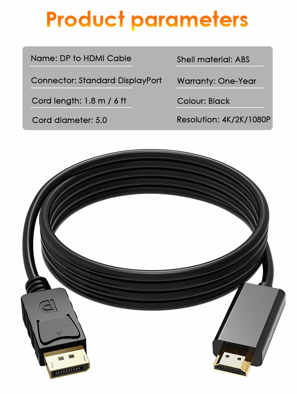 Câble DisplayPort vers HDMI 1,8 m 4K DP vers HDMI pour Moniteur TV Projecteur Dell HP