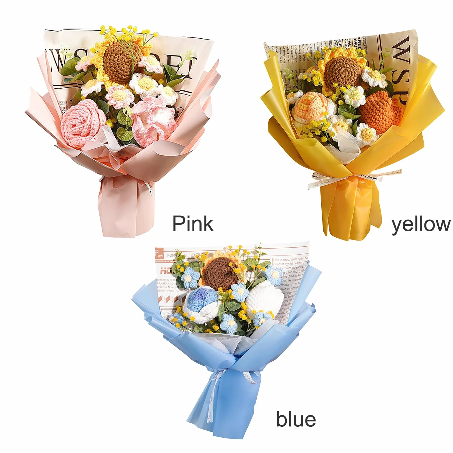 Bouquet de Fleurs au Crochet Fait Main, Tournesol Artificiel, Roses, Marguerites, Kit Cadeau Fête des Mères