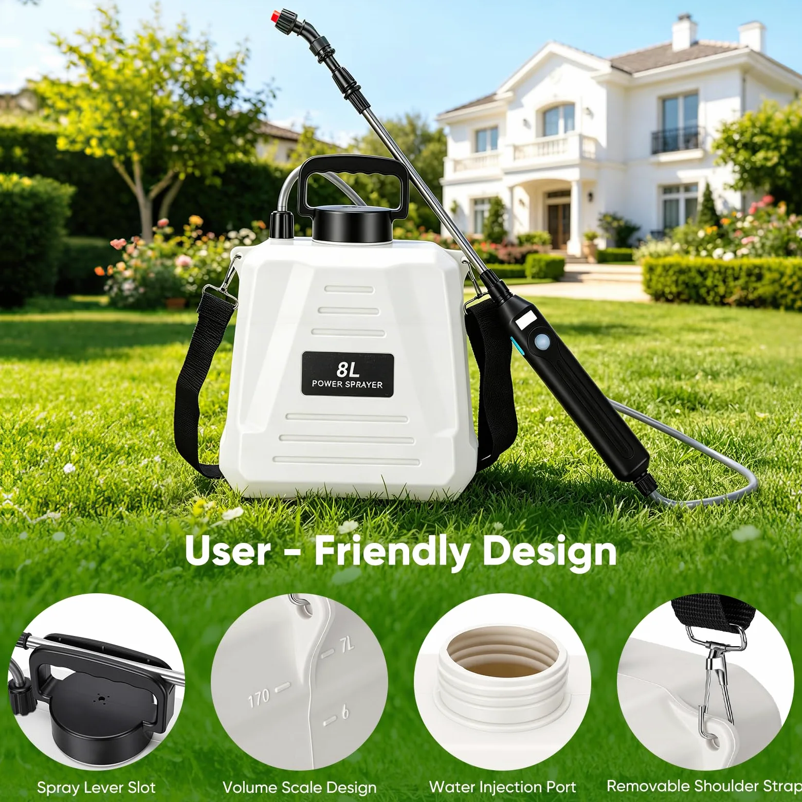 Pulvérisateur électrique 8L avec Batterie USB-C, 3 Buses, Lance télescopique, bandoulière, pour arrosage Jardin & désherbage
