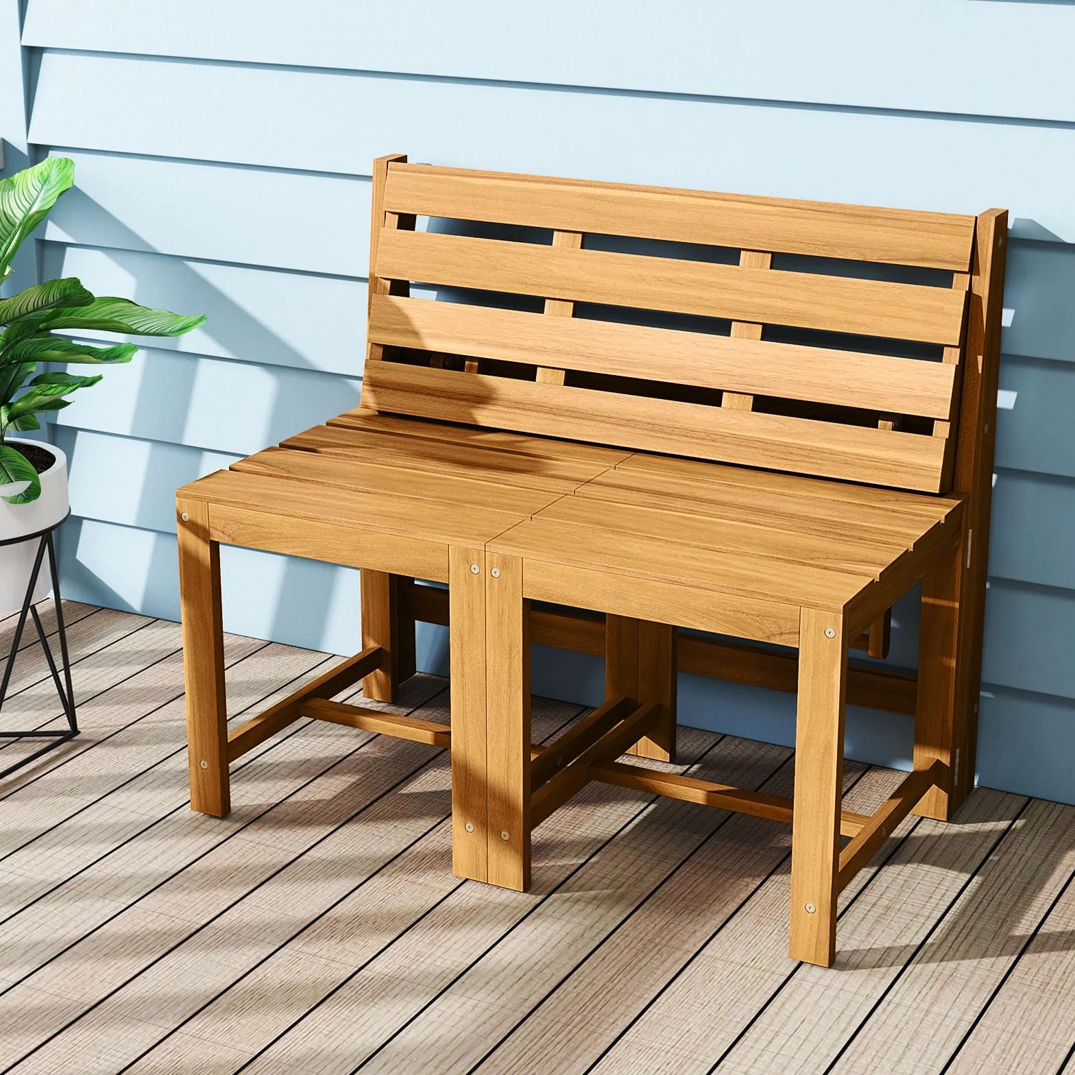 COSTWAY Salon de Jardin 3 en 1 Banc 2 Places Table Rectangulaire Chaises Extérieur Bois d'Acacia Dossiers Inclinés Siège à Lattes