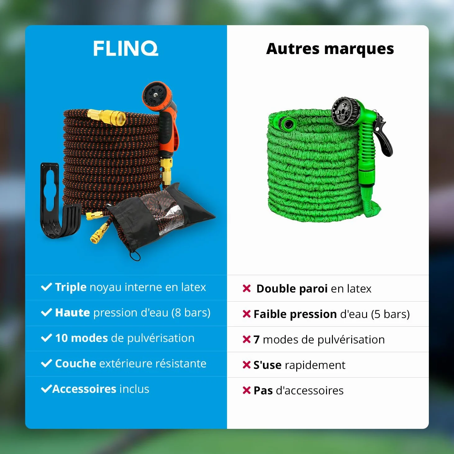 FlinQ Tuyau d'Arrosage Flexible 30 m - Noir/Orange | Extensible avec tête de pulvérisation et support | Sans nœuds | Sac de rangement inclus