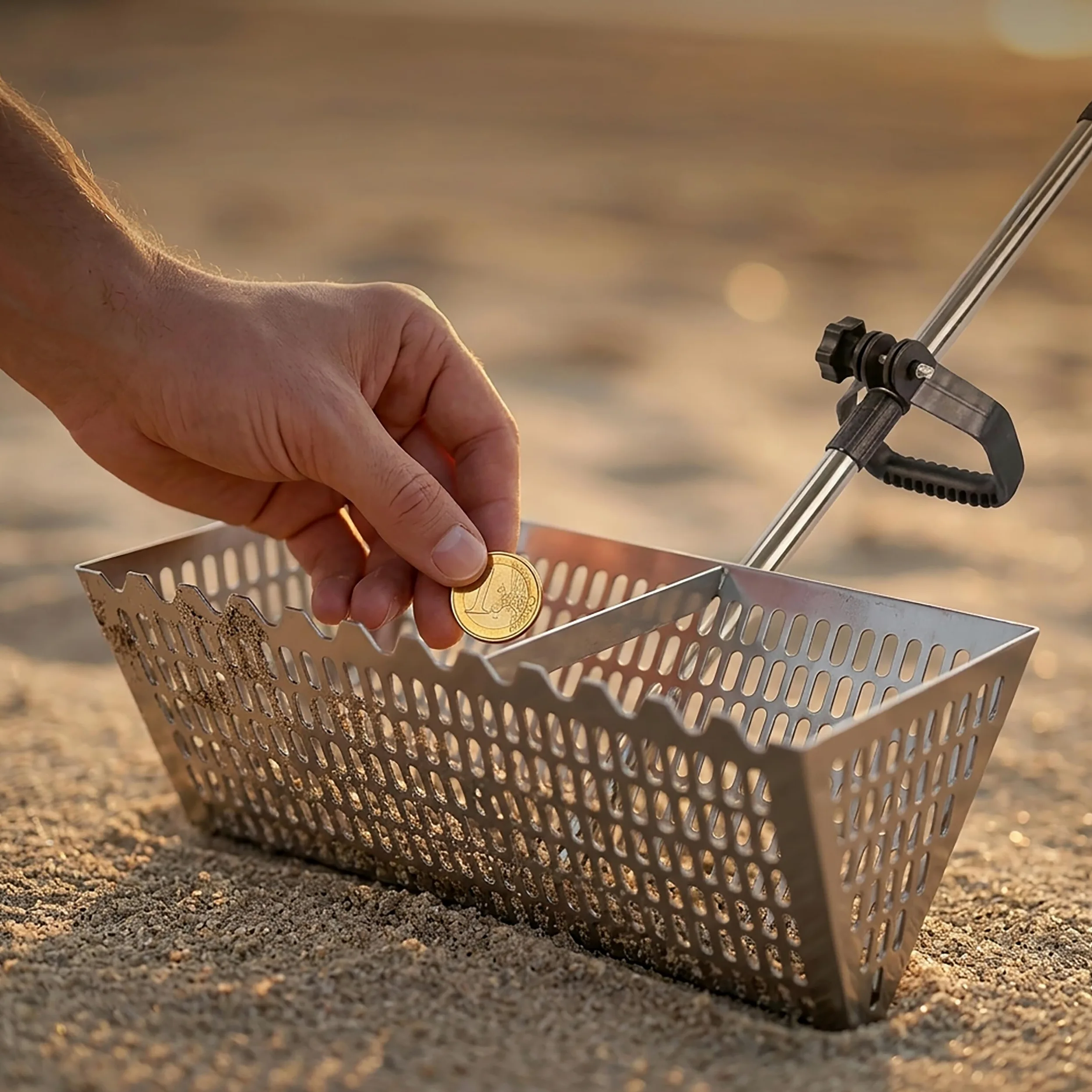 Râteau Plage Relaxdays, Tamis 40 cm, Manche 140 cm, Chasse au trésor/détecteur de métaux & pêche, INOX argenté